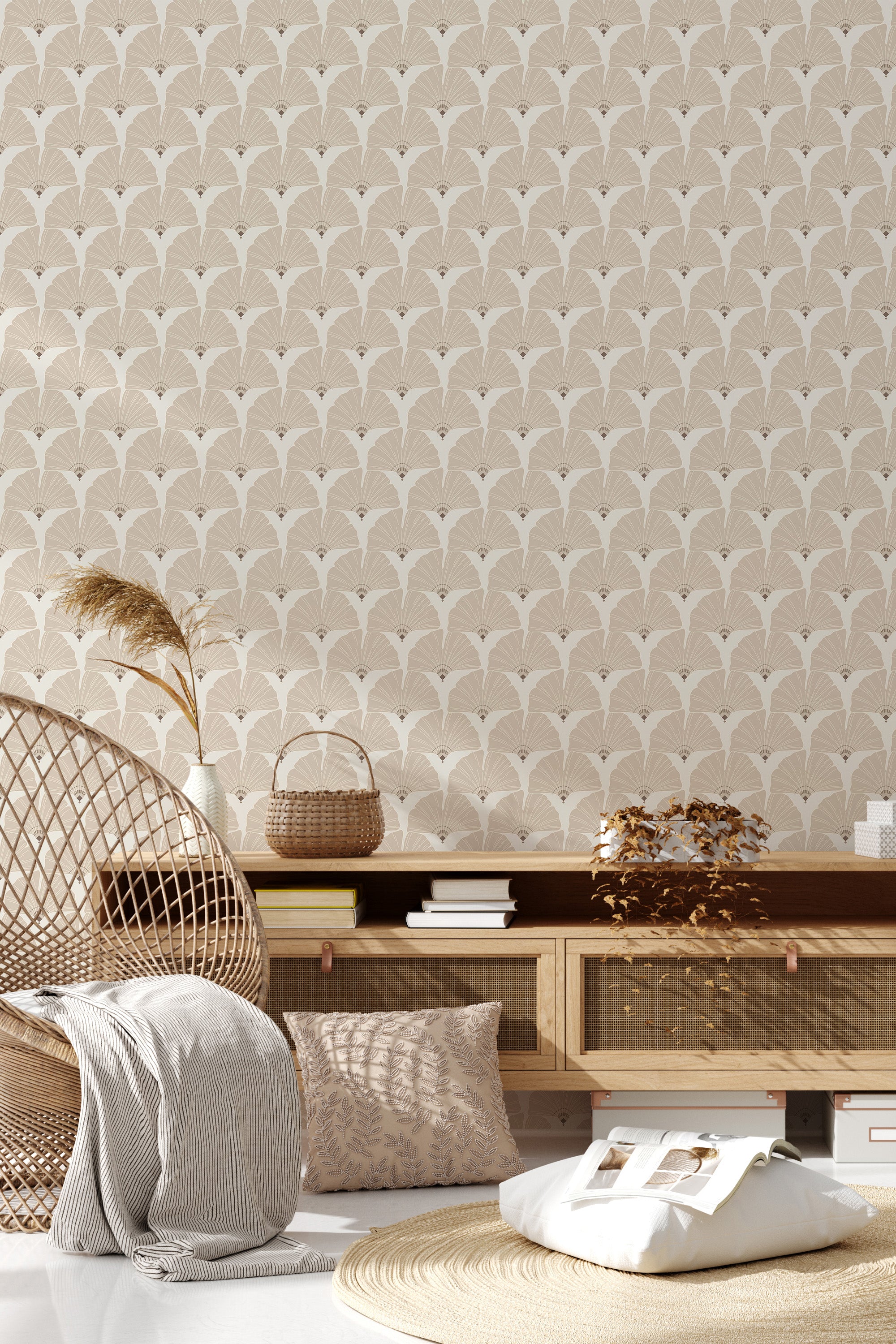 A room with wallpaper in a neutral ginkgo arch design, characterized by delicate ginkgo leaves arranged in a series of symmetrical arches in soft, subtle tones. Traditional wallpaper.