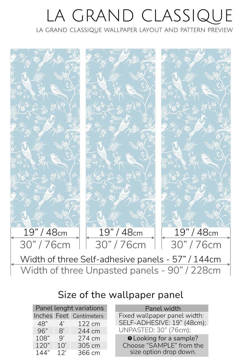 light blue chinoiserie peel and stick wallpaper specifiation