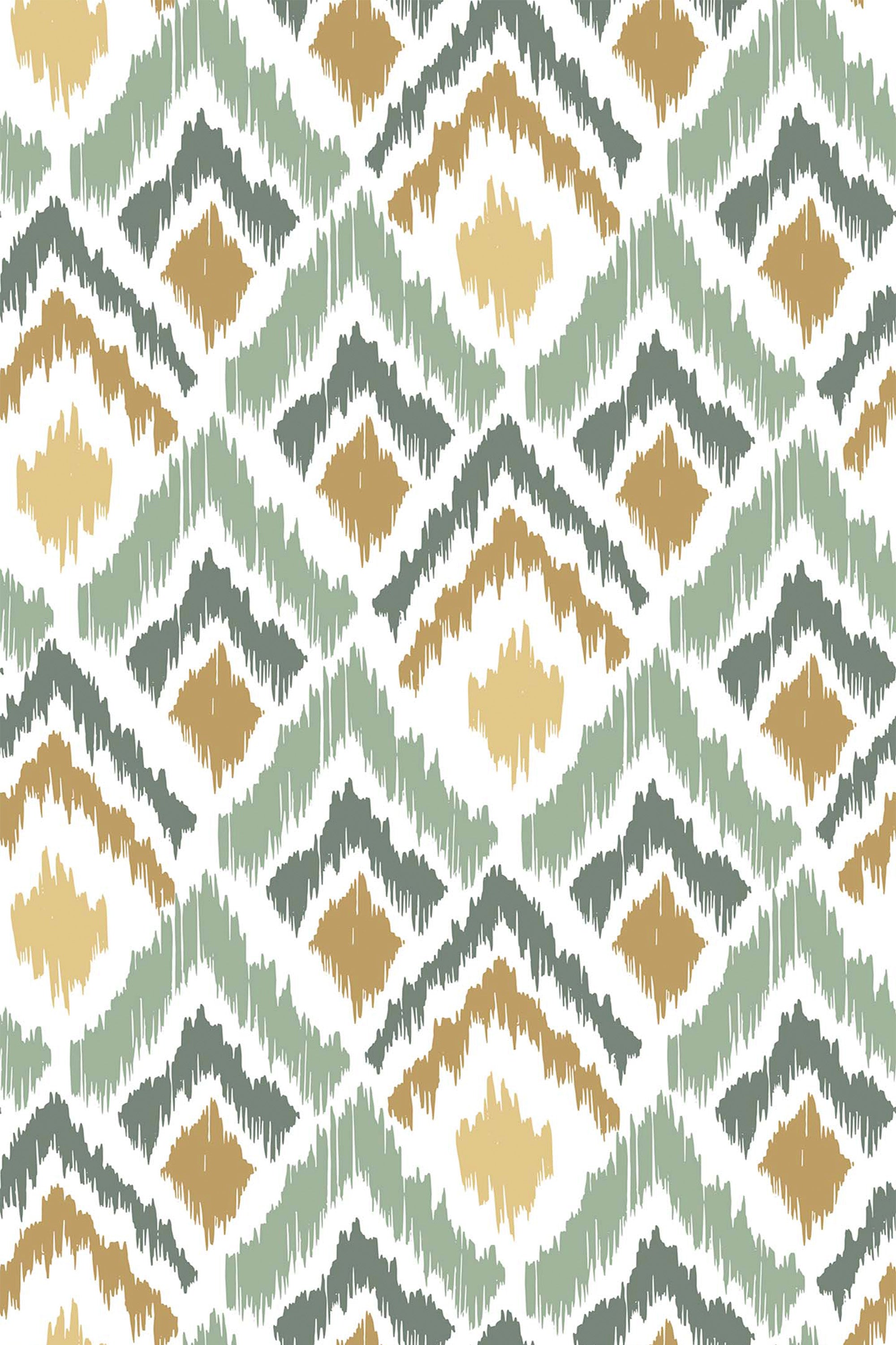 A repeating pattern of intricate diamond shapes with jagged edges in earthy tones of green, beige, and mustard yellow against a white background. Peel and stick removable wallpaper.