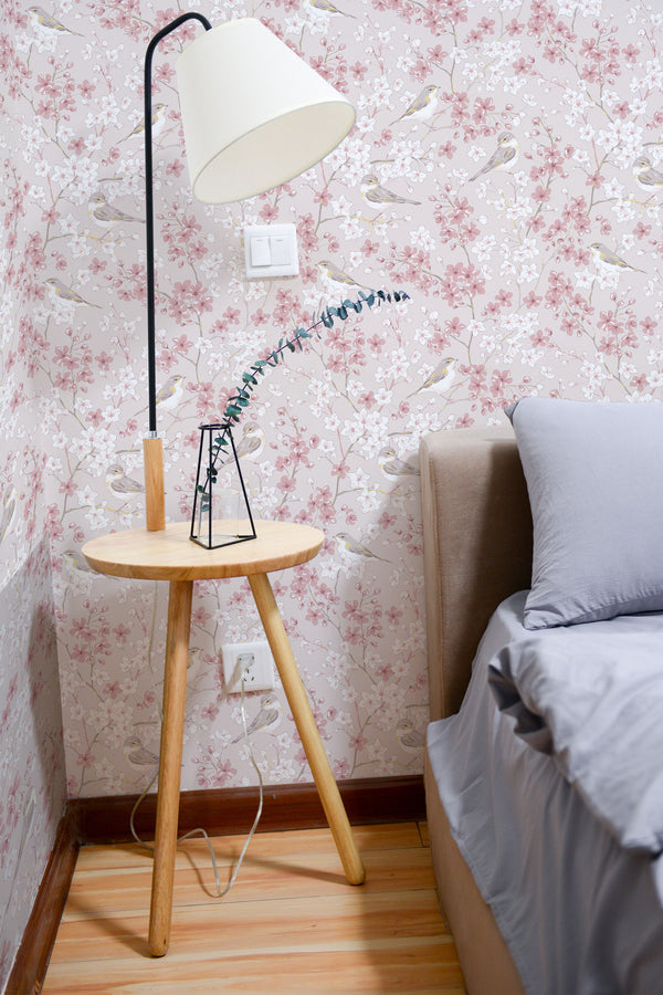 removable wallpaper blooming spring pattern bedroom accent wall simple interior