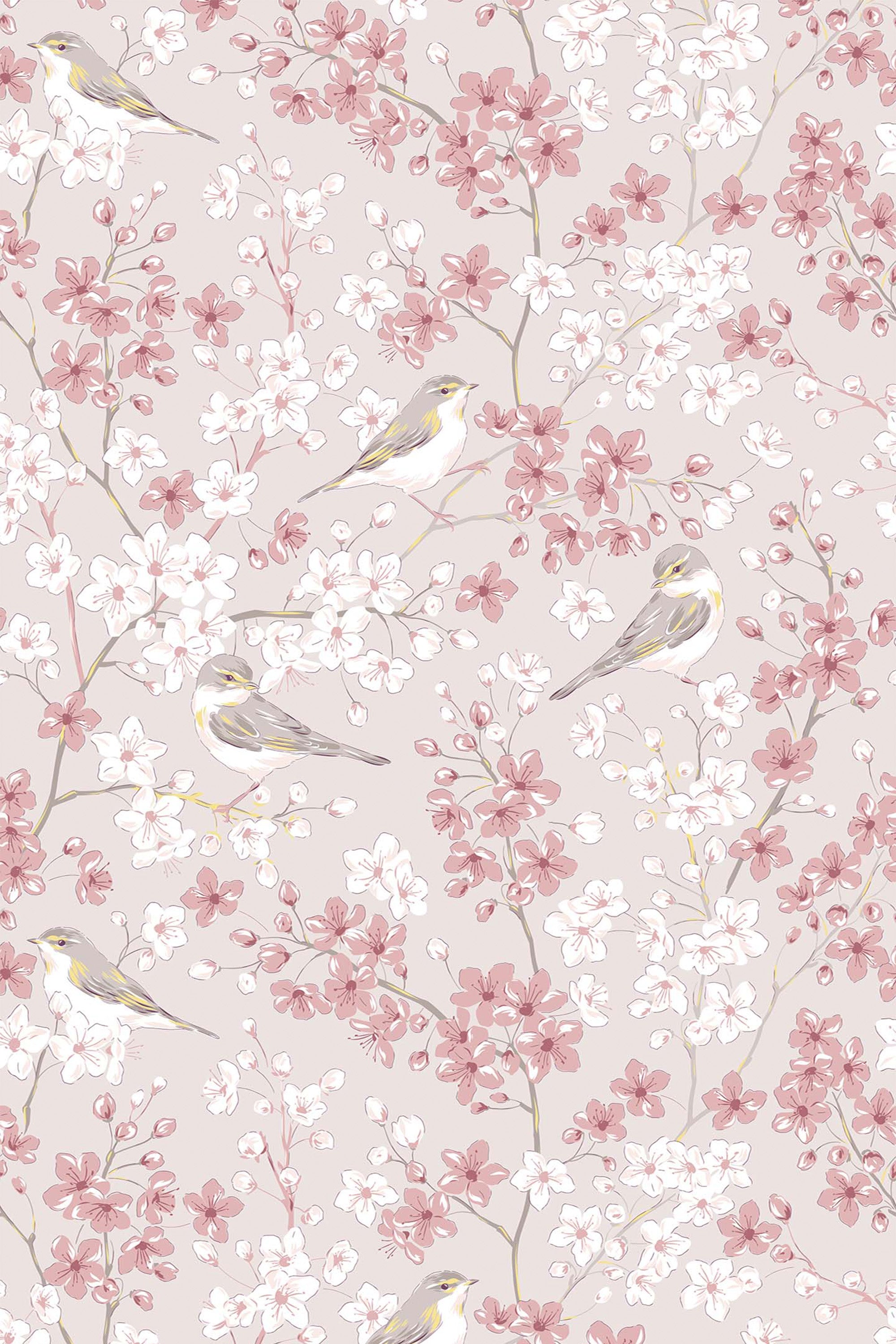 Light beige wallpaper brimming with delicate pink and white cherry blossoms interwoven with branches, alongside subtle yellow and gray birds perched gracefully, creating a serene, nature-inspired atmosphere, peel and stick removable wallpaper.