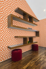 modern living room shelf velour puff chairs funky geometric wallpaper stick and peel