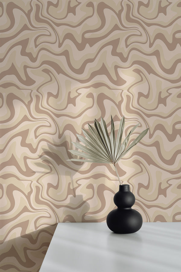 wallpaper peel and stick accent wall neutral abstract line pattern decorative vase plant