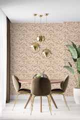 modern dining area velour chair plant neutral abstract line accent wall