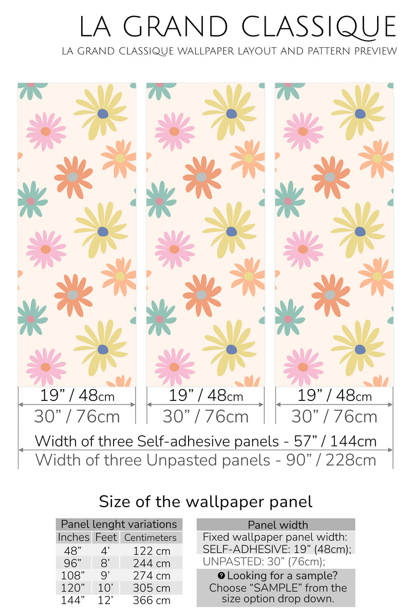colorful retro floral peel and stick wallpaper specifiation