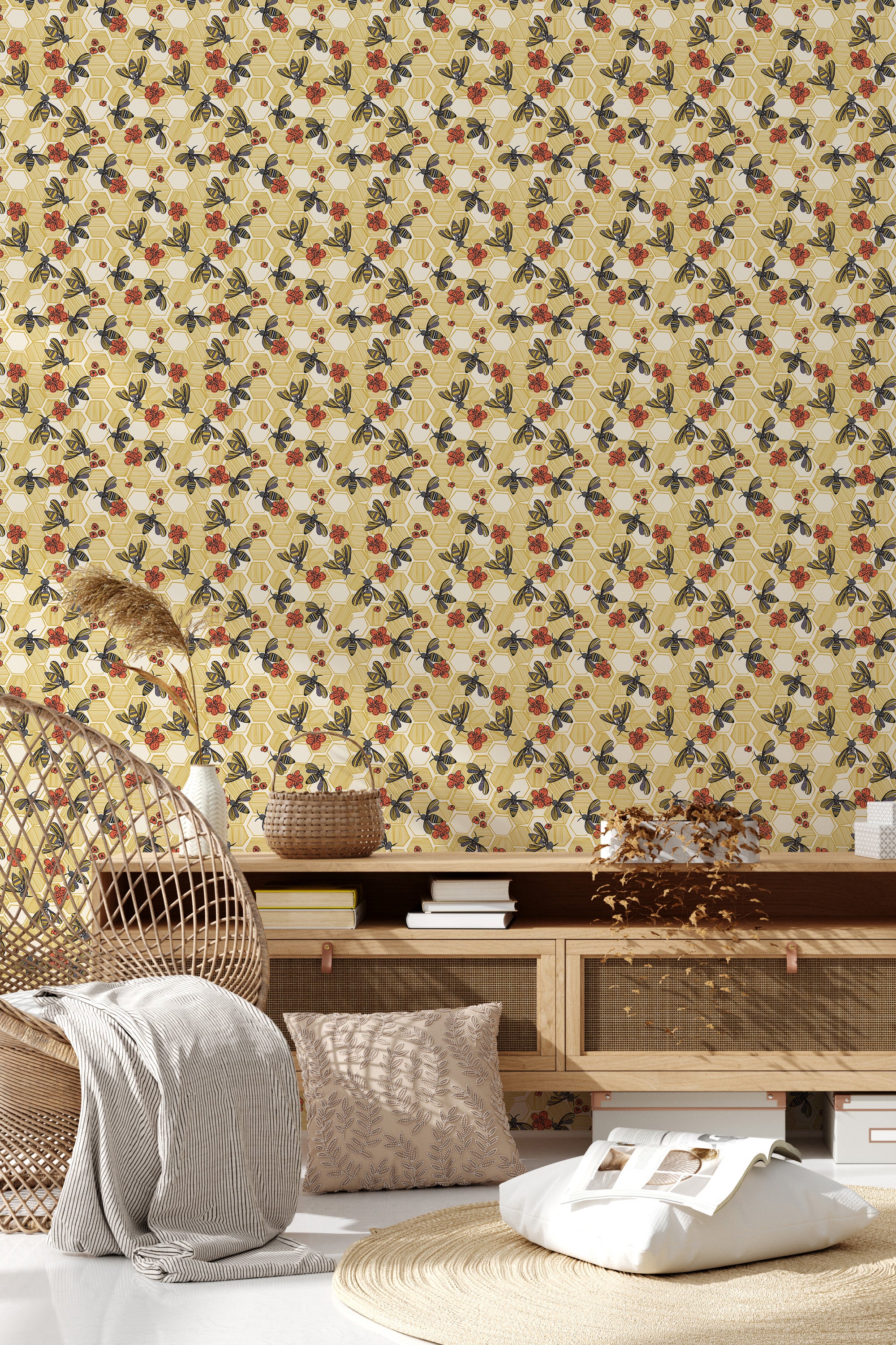 A colorful honeycomb pattern with vibrant plants and flowers interspersed across a yellow background, adding a lively touch to the traditional wallpaper.
