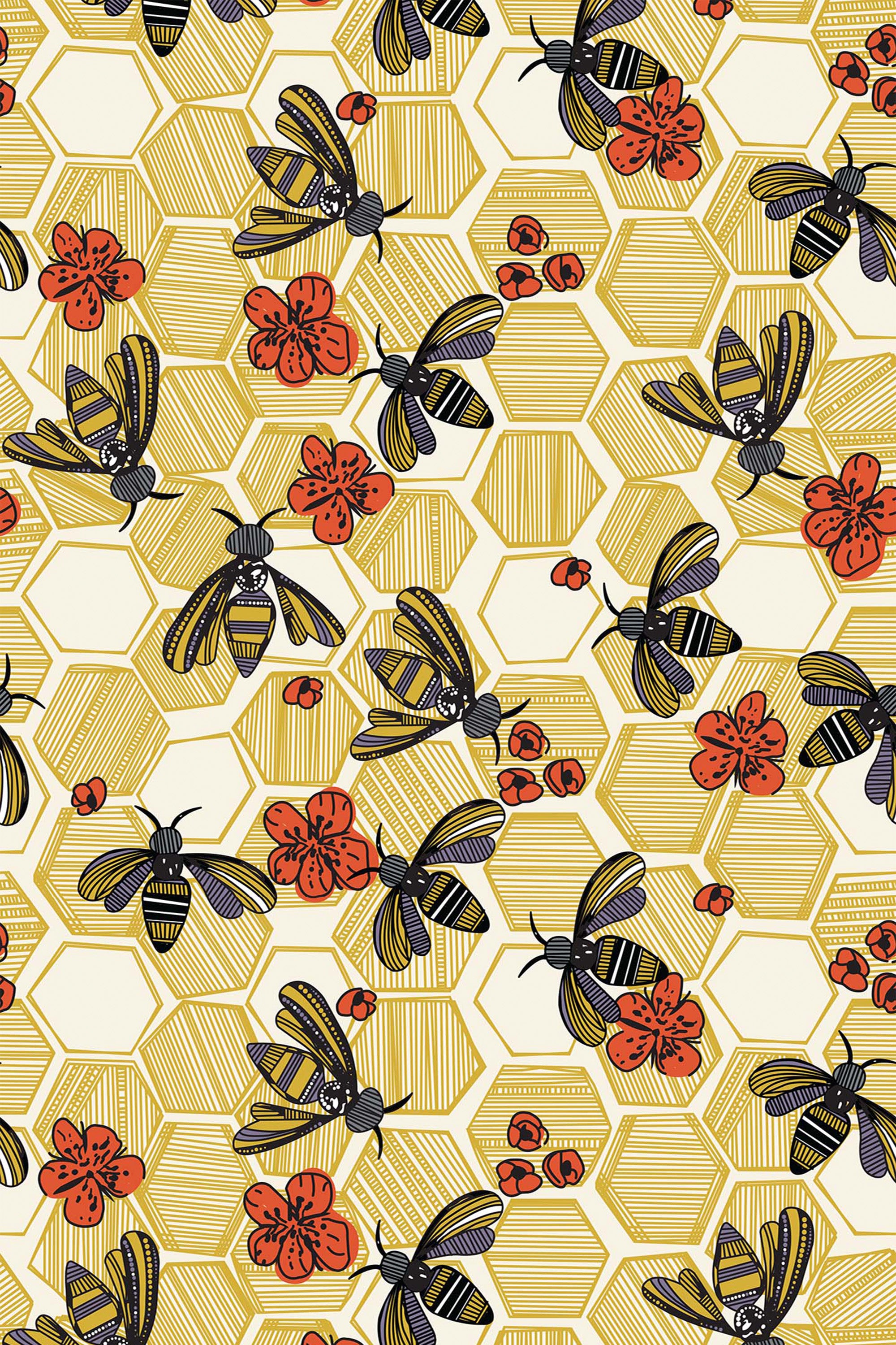 A repeating pattern with honeycomb shapes in golden yellow, overlaid with detailed illustrations of bees, orange flowers, and small red berries. The design has a vibrant, intricate look. Peel and stick removable wallpaper.