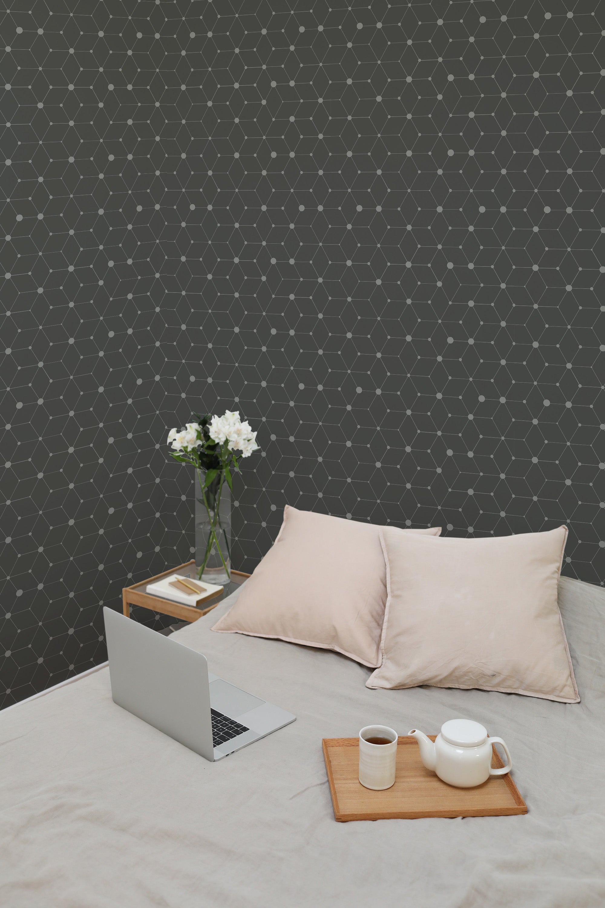 Self-adhesive wallpaper with a geometric dots design, characterized by interconnected hexagonal patterns on a dark background.