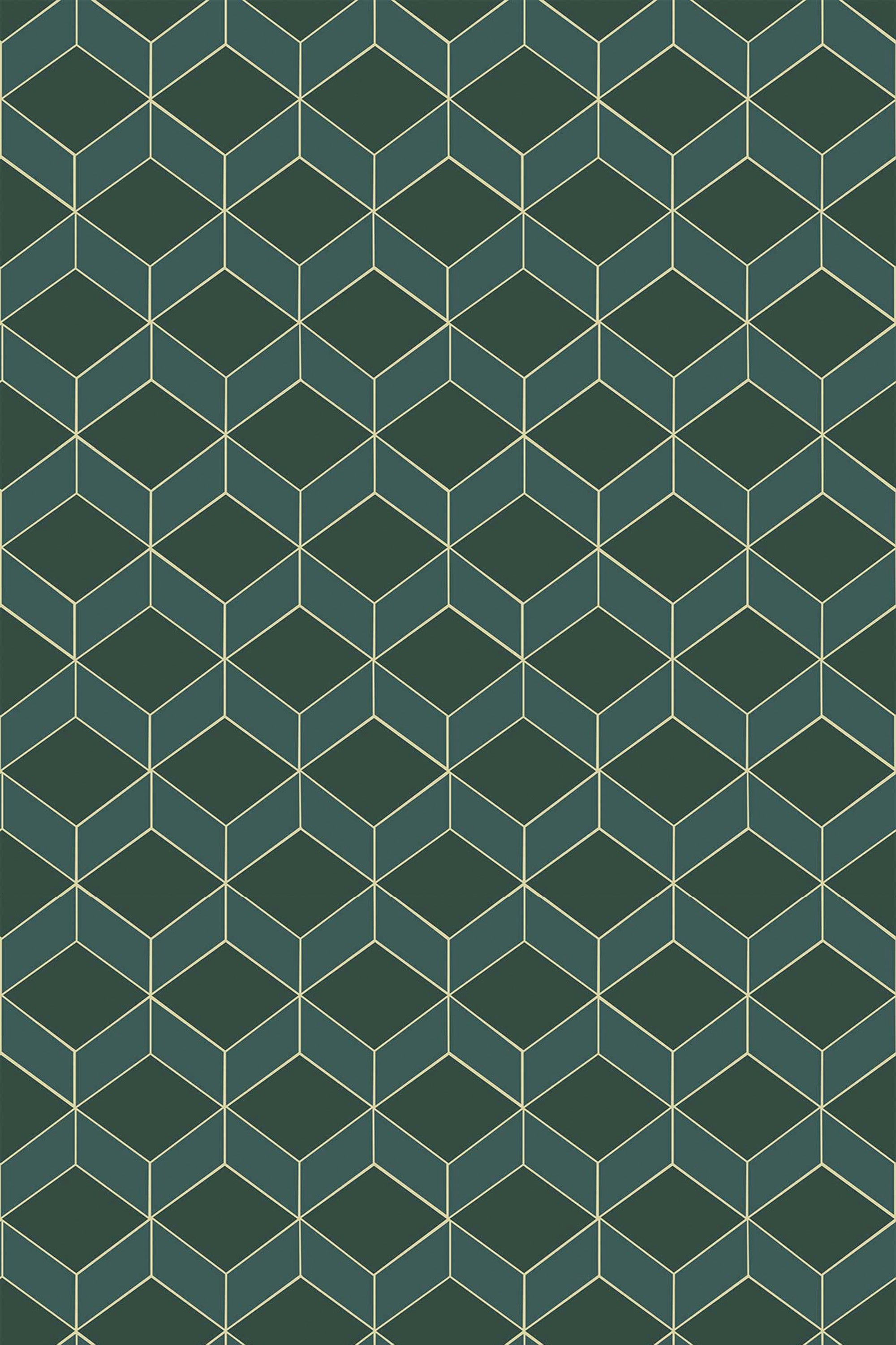 Emerald green art deco wallpaper with gold geometric patterns forming interlocking hexagons and cubes, peel and stick removable wallpaper.