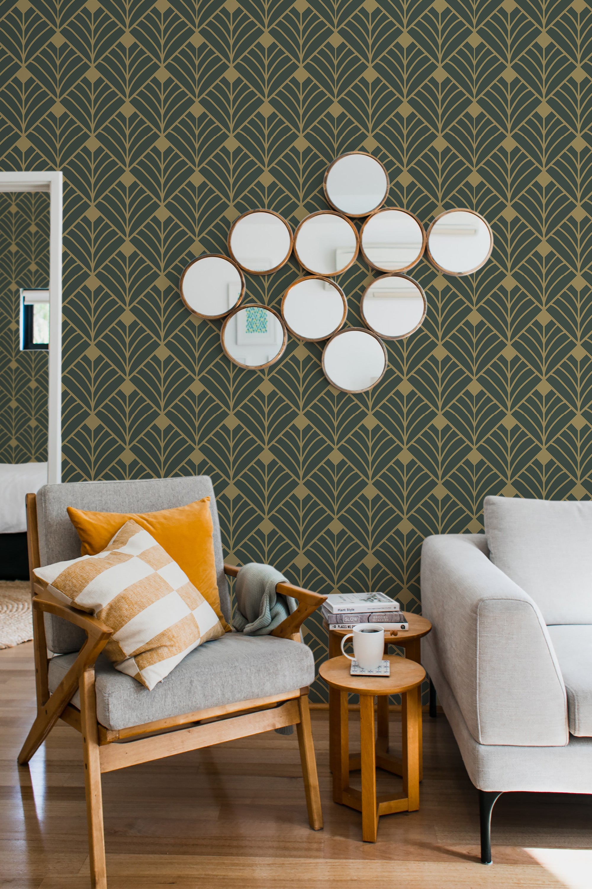 Art Deco wallpaper in green with a repeating pattern of gold geometric fan shapes, creating a sophisticated and vintage ambiance,raditional wallpaper.