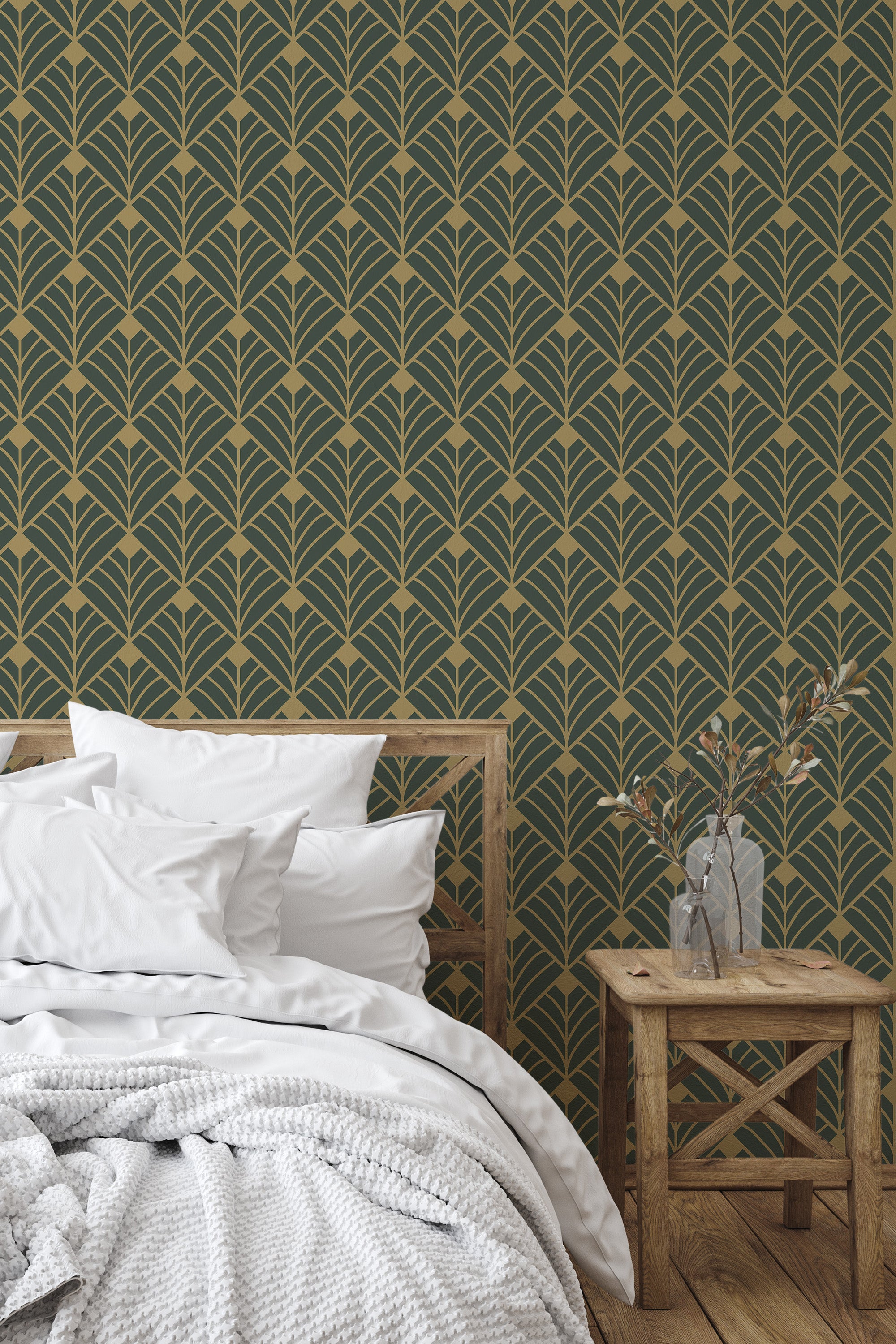 Self-adhesive wallpaper with a green art deco design, featuring gold geometric patterns resembling stylized leaves arranged in a symmetrical, repeating pattern.