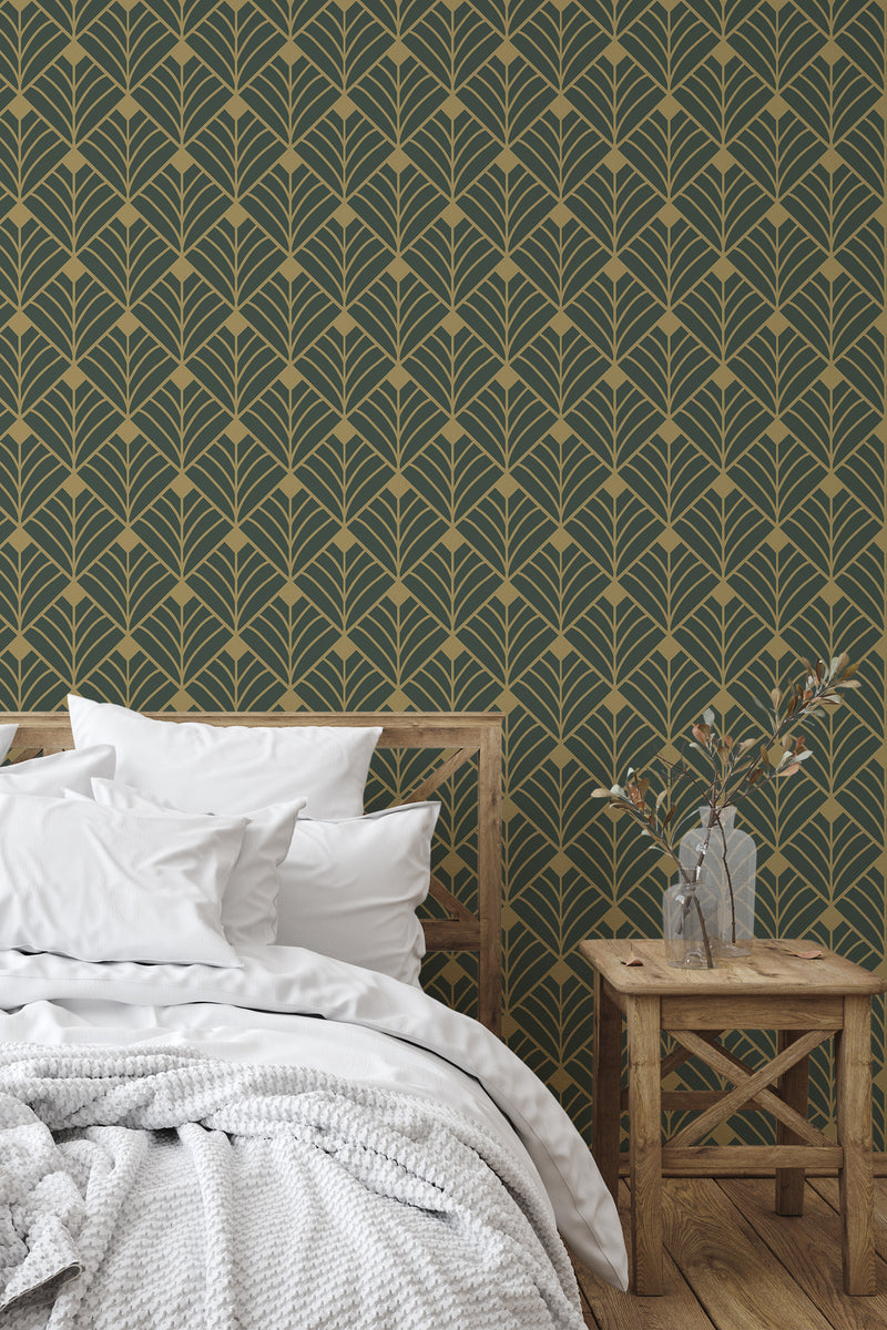 simple bedroom bed nightstand decorative vase green art deco wall decor