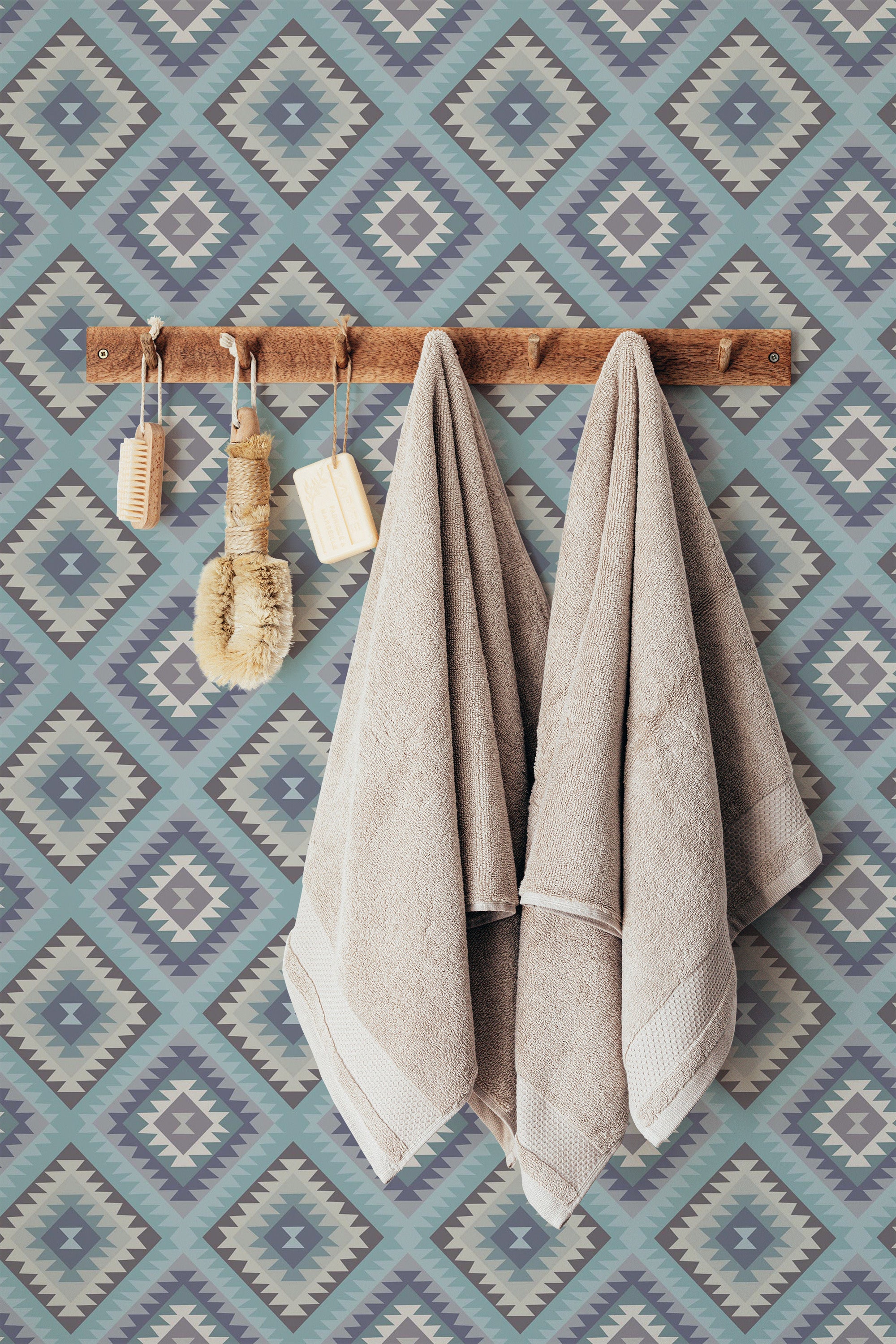 Self-adhesive Blue Aztec design with geometric patterns in shades of blue and gray, creating a symmetrical and visually engaging background.