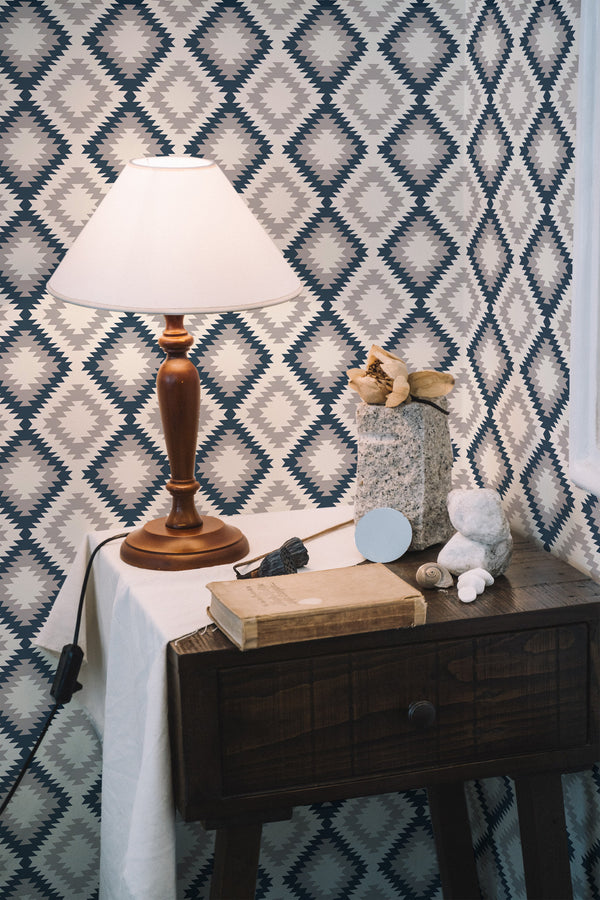 peel and stick wallpaper aztec geometric pattern accent wall bedroom nightstand interior