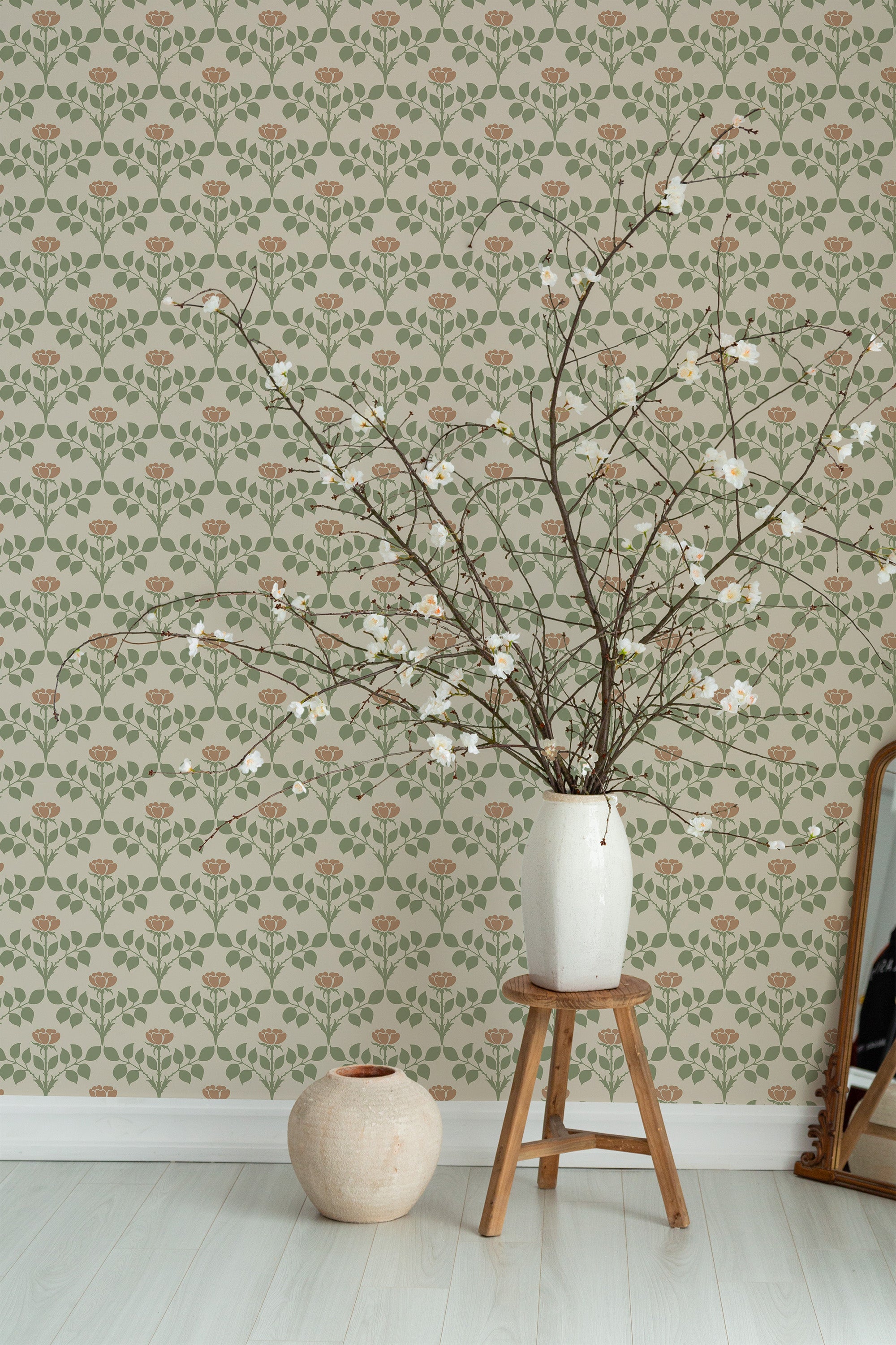 Self-adhesive wallpaper with a Rose arch design, incorporating a repeating pattern of delicate pink roses and green foliage on a muted beige background.