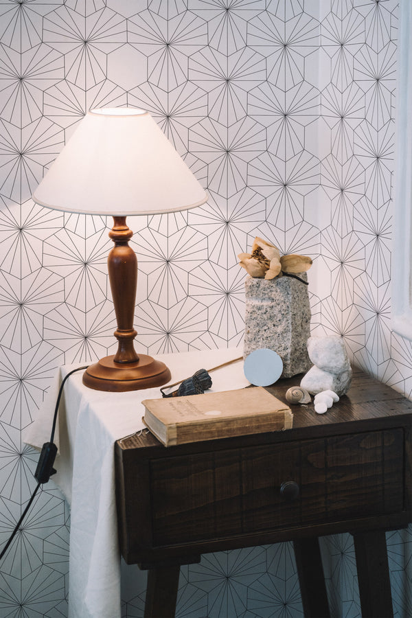 peel and stick wallpaper abstract geometric print pattern accent wall bedroom nightstand interior