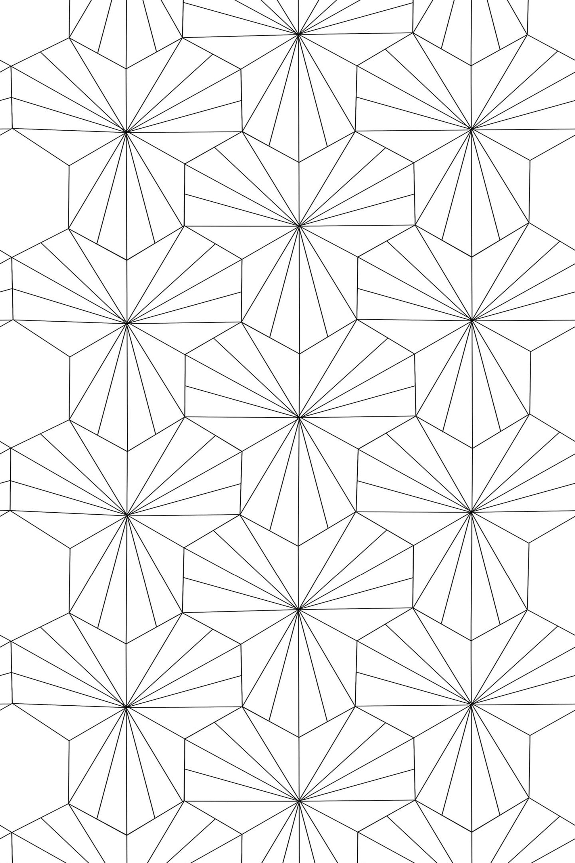 Black geometric lines form intricate patterns of interconnected polygons and star shapes on a white background. Repeating symmetrical design. Peel and stick removable wallpaper.