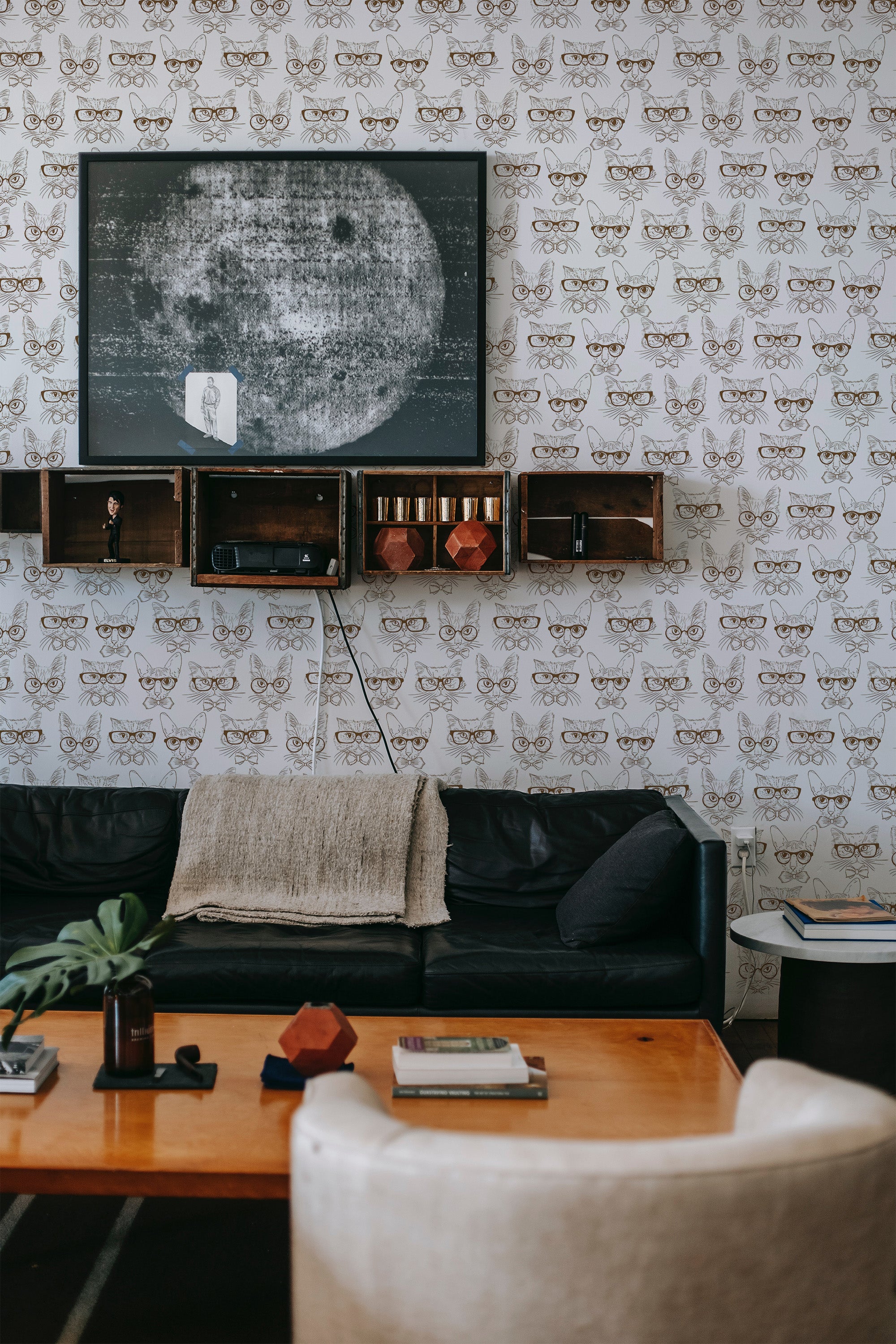 Wallpaper with a repeating pattern of sophisticated, stylized cat heads wearing glasses, providing a whimsical yet elegant atmosphere in the room, creating a classic and traditional wallpaper.