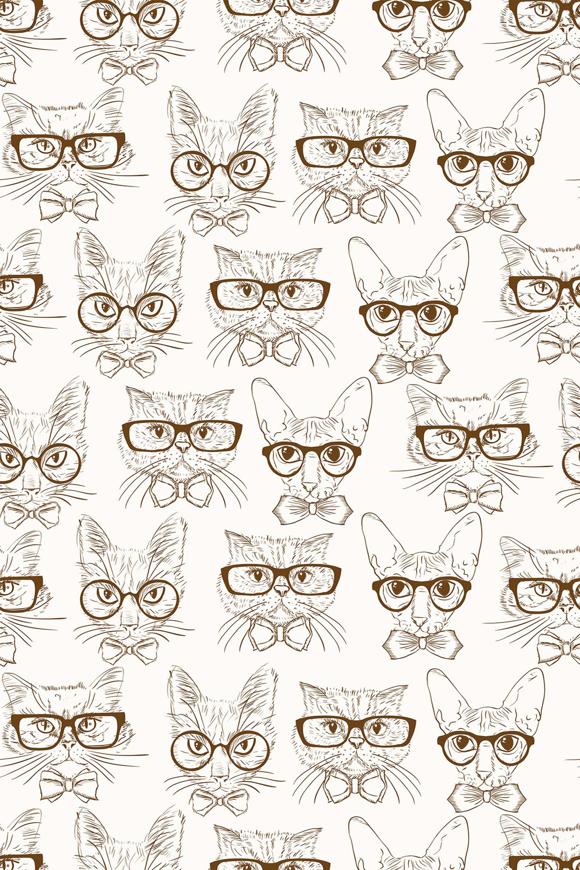 Brown line-art illustrations of cats wearing glasses and bow ties, set against a light beige background. The cats are drawn in a variety of quirky, sophisticated styles, repeated in a seamless pattern. Peel and stick removable wallpaper.