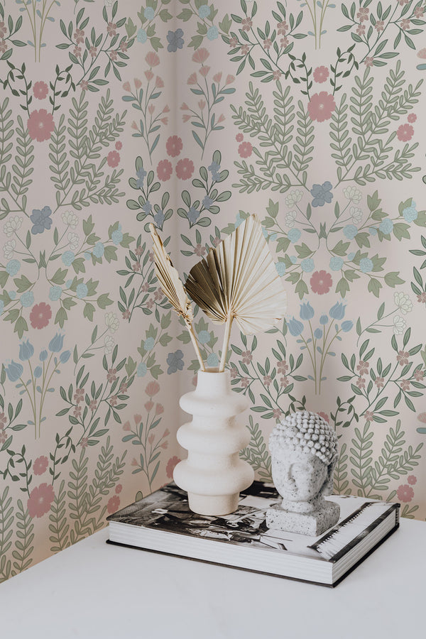 wallpaper for walls pastel floral garden pattern modern sophisticated vase statue home decor