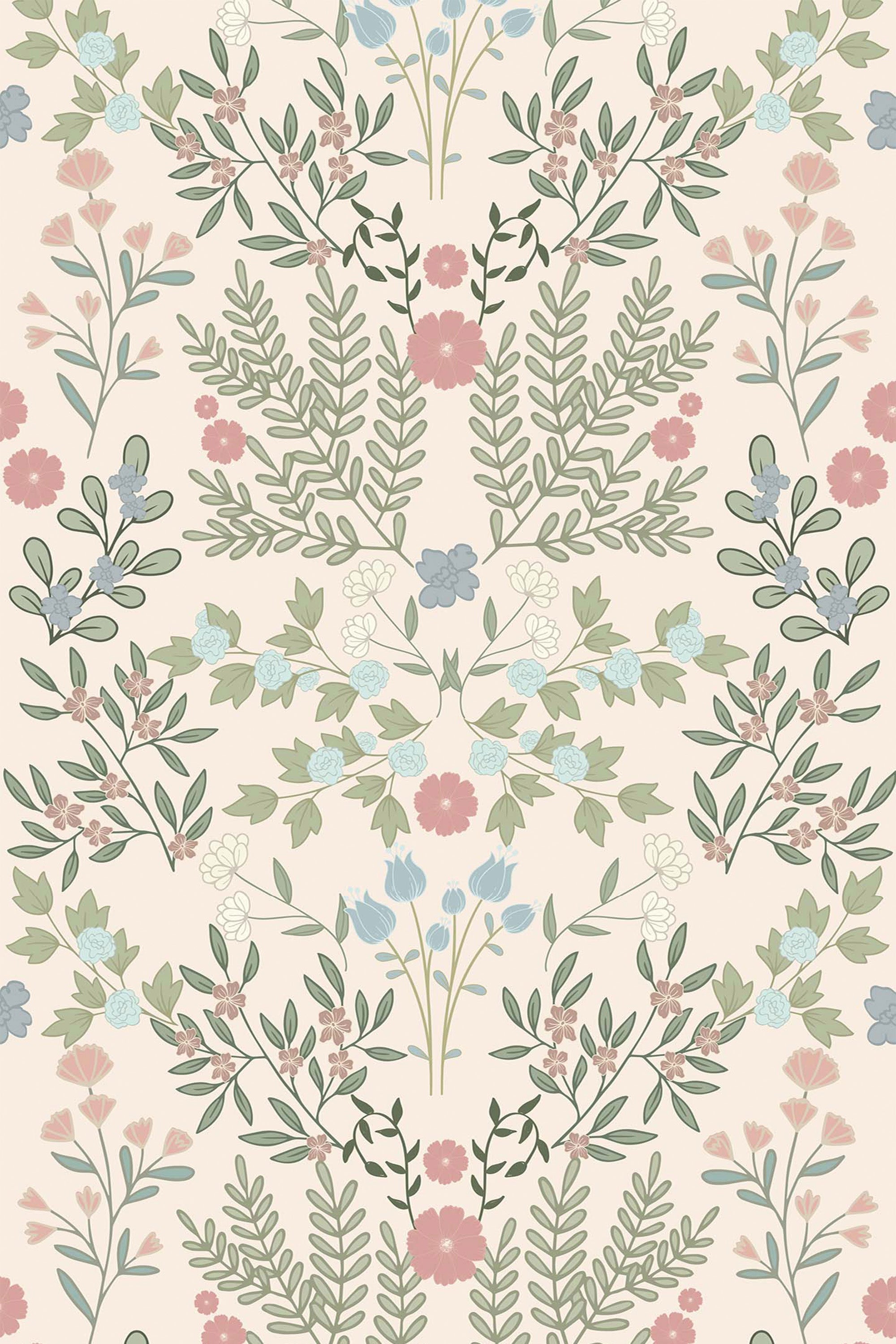 Pastel floral garden design with soft pink, green, blue, and cream hues, featuring delicate flowers, leaves, and branches on a light beige background. Peel and stick removable wallpaper.