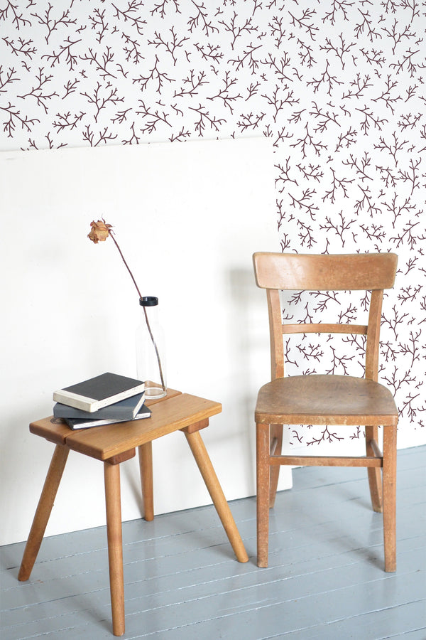wooden table chair decorative plant blank canvas burgundy branch self adhesive wallpaper