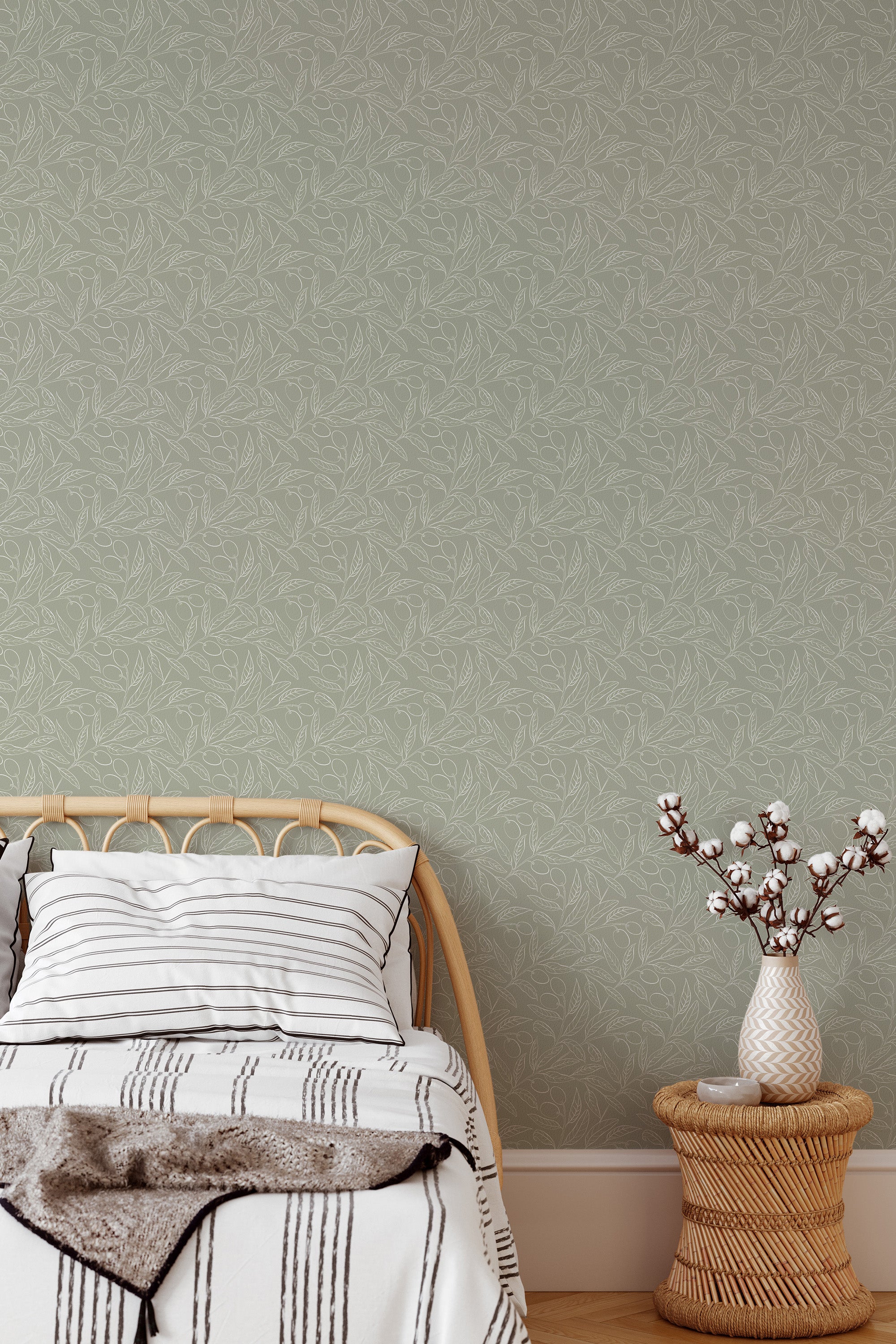 Self-adhesive wallpaper with a subtle Green Olive tree pattern, featuring intricate leafy branches on a muted green background.