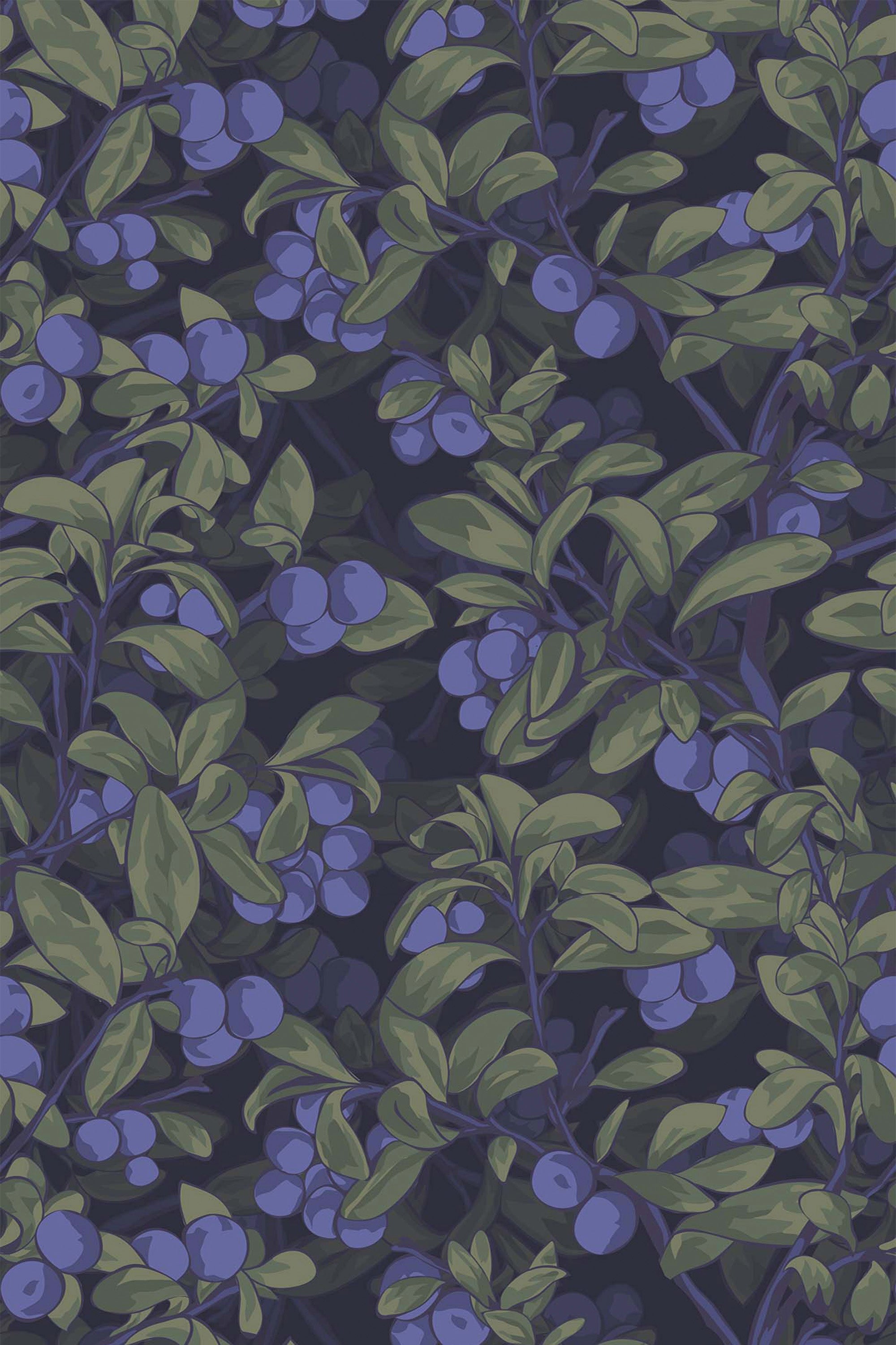 Realistic blueberry wallpaper with clusters of vivid blueberries surrounded by lush green leaves on a dark background, peel and stick removable wallpaper.