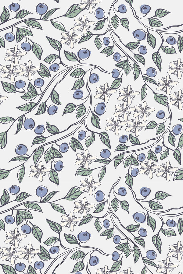 Cartoon blueberries and green leaves intertwined with delicate white flowers on a light background, peel and stick removable wallpaper.