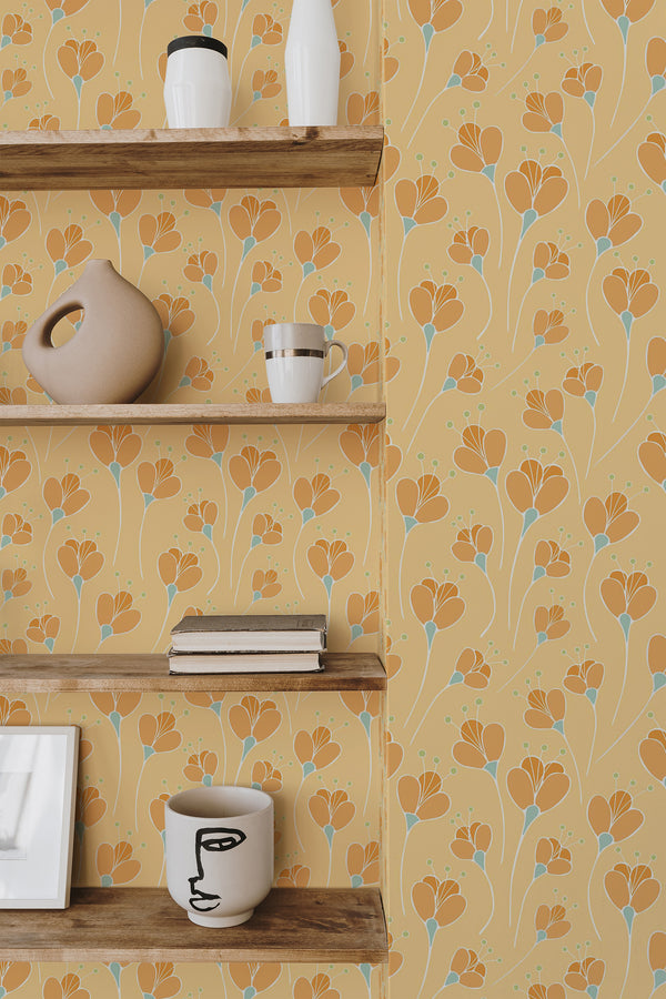 Self-adhesive wallpaper with a Yellow tulips design on a warm yellow background, adorned with delicate orange tulips with green stems and small blue accents.