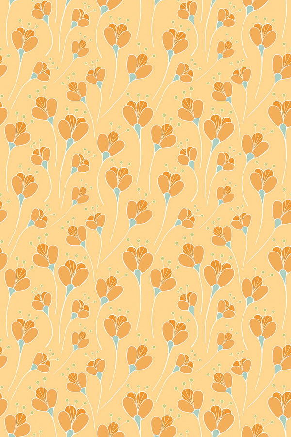 Yellow tulips and delicate blue buds arranged in a repeating pattern on a soft yellow background, peel and stick removable wallpaper.