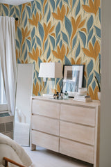         
peel and stick wallpaper blue abstract leaf accent wall bedroom dresser mirror minimalist interior