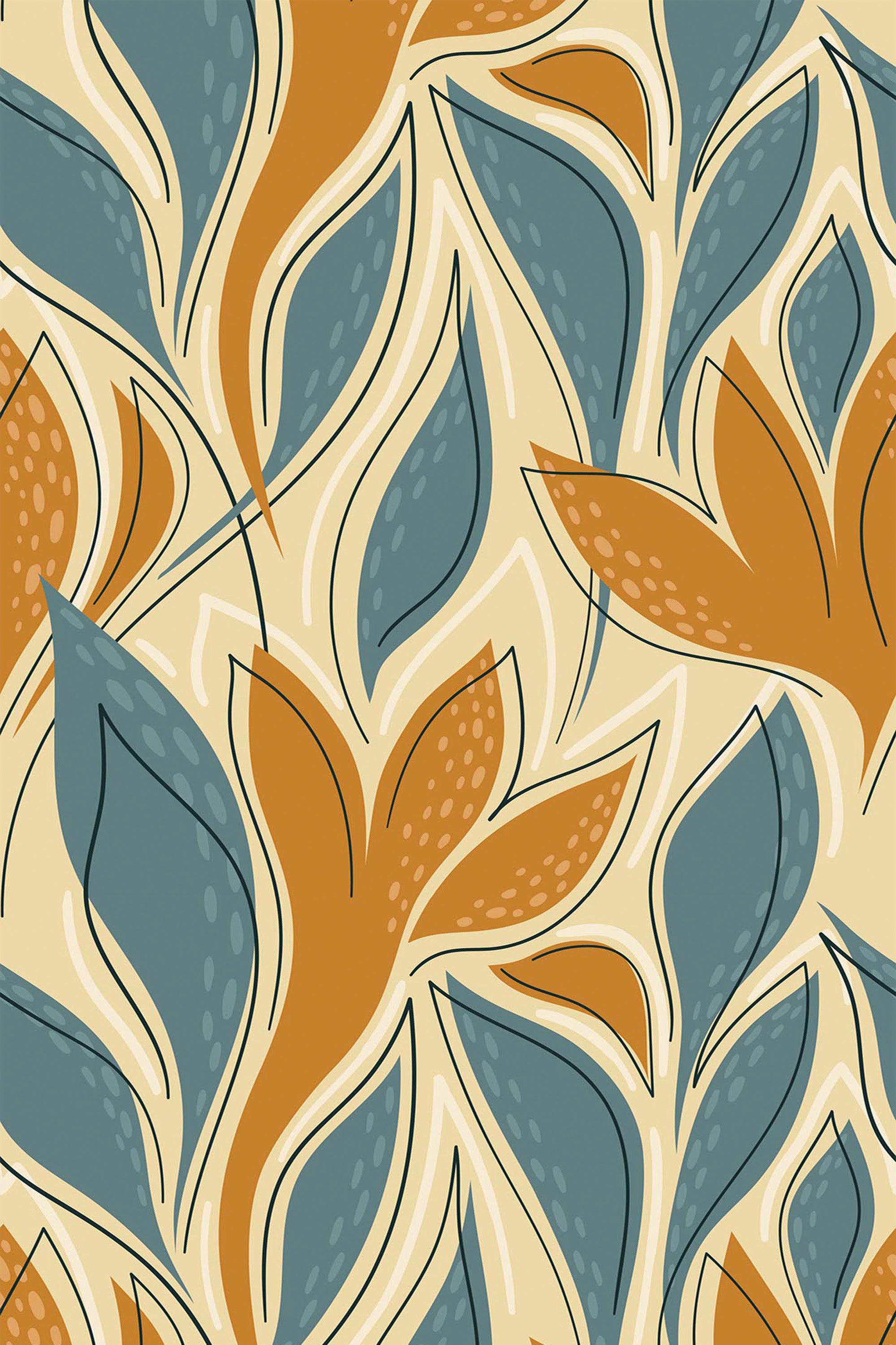 A repeating wallpaper pattern with teal and mustard-orange abstract leaves on a light beige background, interspersed with delicate line accents. The design combines bold shapes with subtle details, offering a modern and organic feel. Peel and stick removable wallpaper.