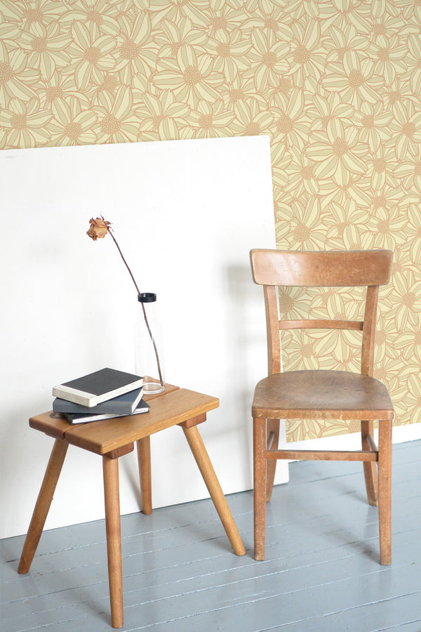 wooden table chair decorative plant blank canvas yellow retro flowers self adhesive wallpaper