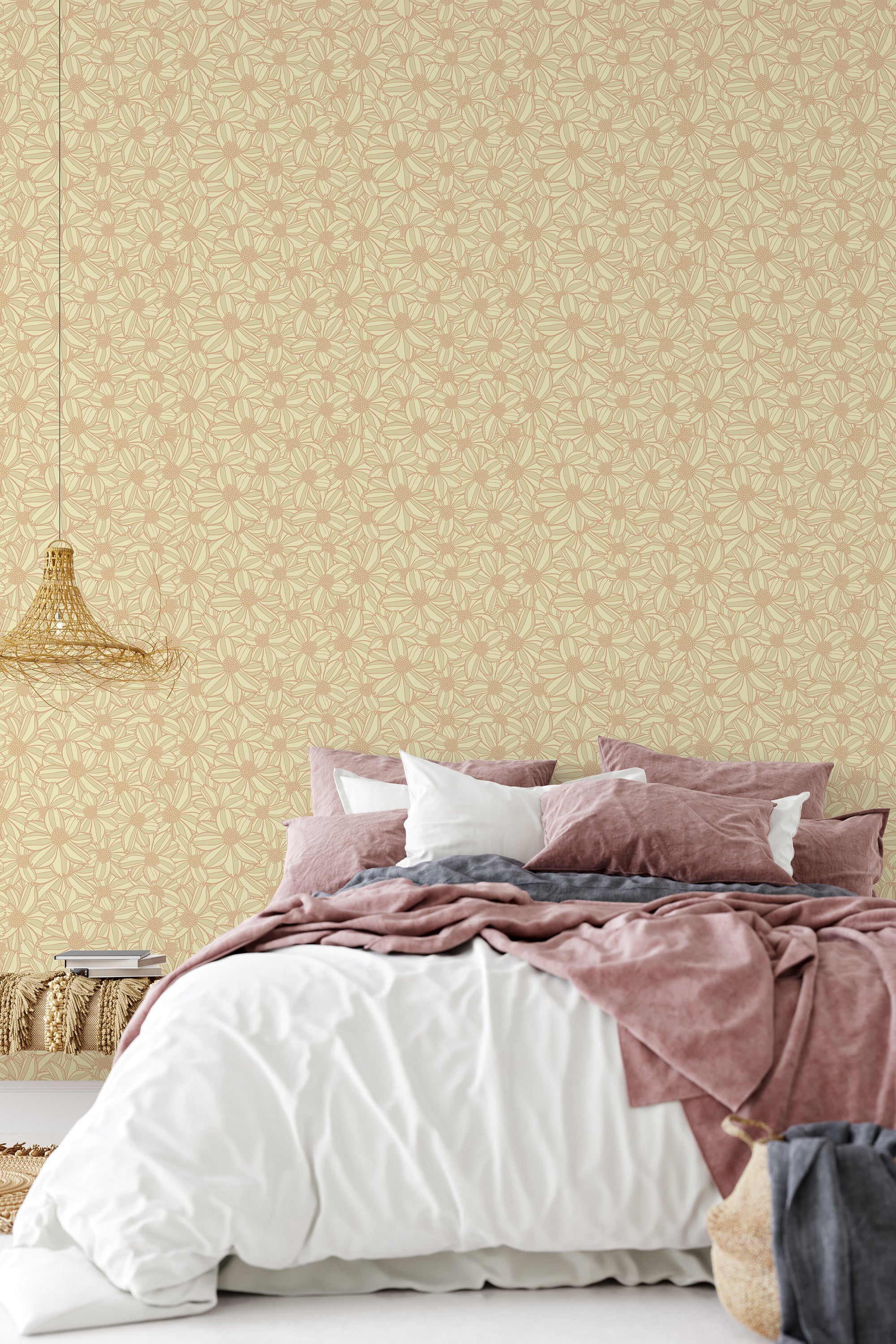 Yellow retro flower pattern with repeating floral motifs in soft yellow tones against a light beige background. Traditional wallpaper.