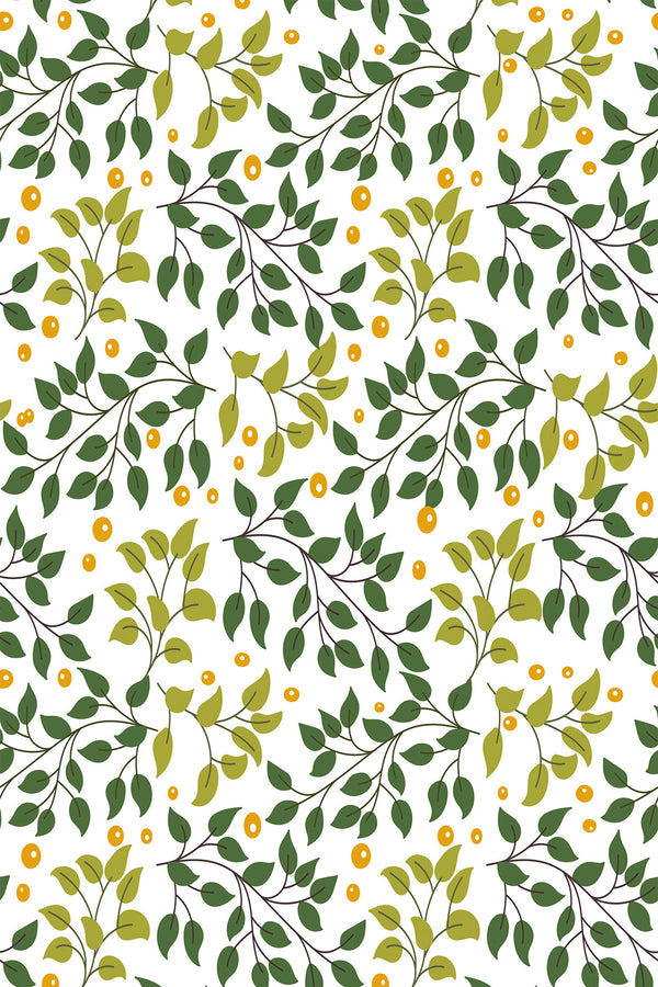 A repeating pattern of green leaves on brown branches with scattered yellow-orange dots on a white background, peel and stick removable wallpaper.