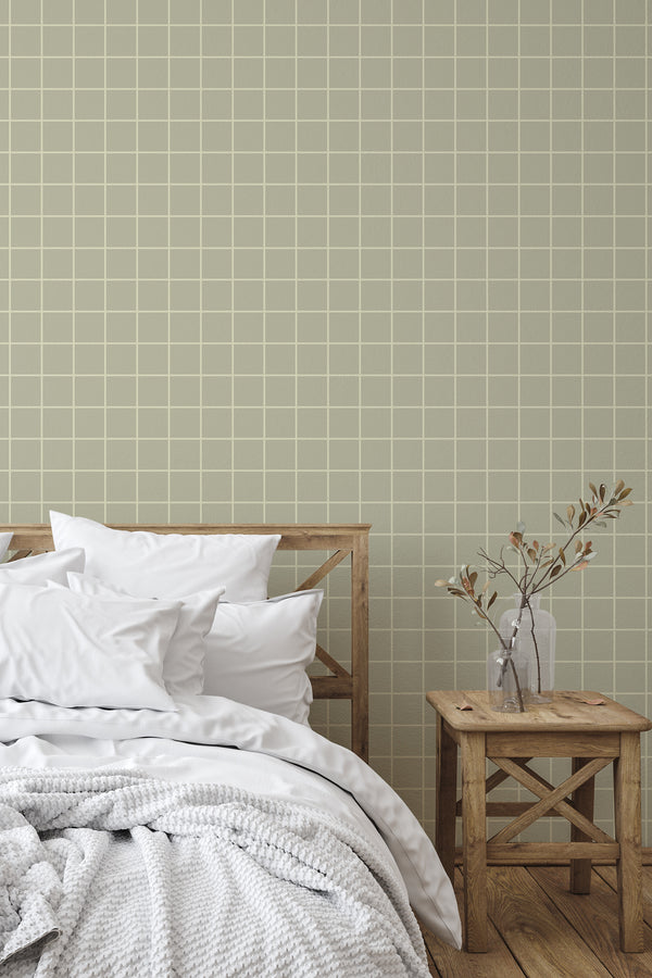 simple bedroom bed nightstand decorative vase sage green grid wall decor