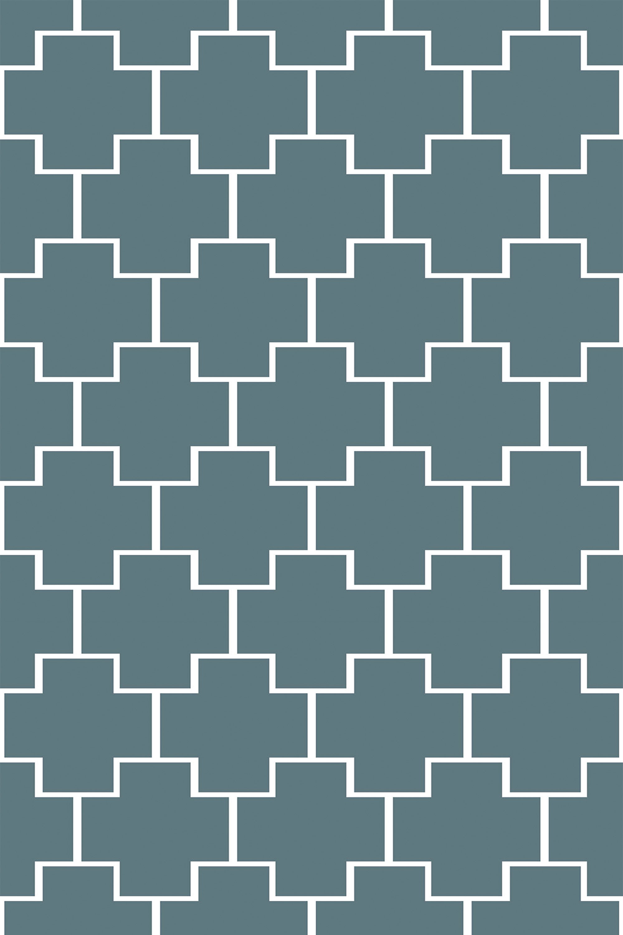 A geometric wallpaper design with a repeating pattern of blue cross-shaped tiles separated by white grout lines. The tessellated crosses create a visually pleasing, symmetrical grid of shapes. Peel and stick removable wallpaper.