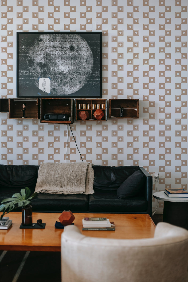 Wall adorned with a neutral striped squares design in soft beige and white, creating a balanced geometric patterned traditional wallpaper.