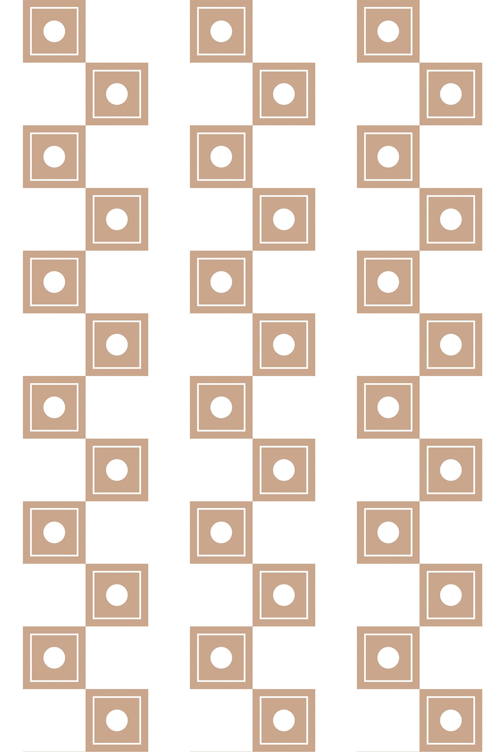 A geometric pattern with beige squares containing white circles. The squares are arranged in vertical rows with alternating directions, creating a visual effect of stripes. The background is white. Ideal for adding a subtle modern touch to any room, peel and stick removable wallpaper.