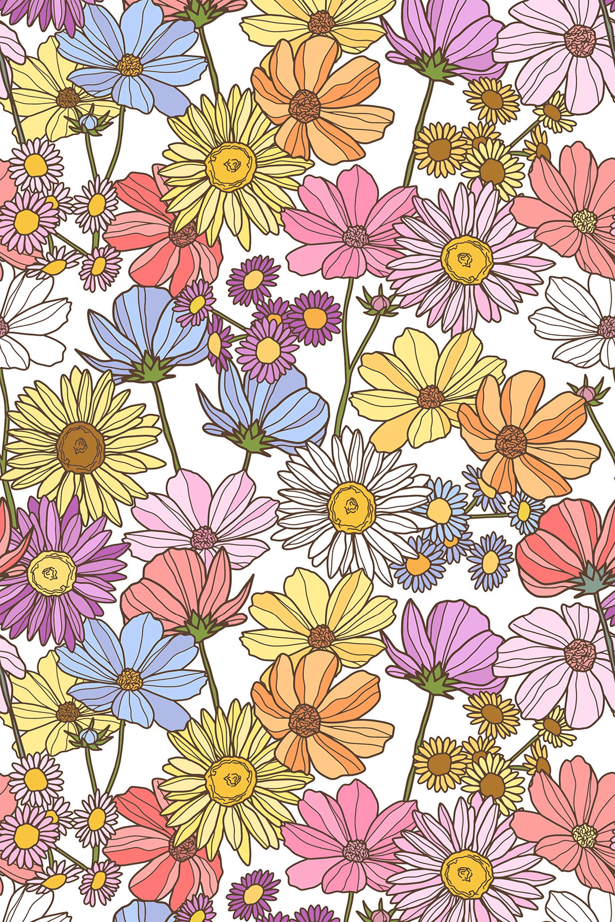 A vibrant pattern filled with pastel-colored flowers like daisies and cosmos in shades of yellow, pink, orange, and purple, with thin, dark outlines against a white background. Peel and stick removable wallpaper.