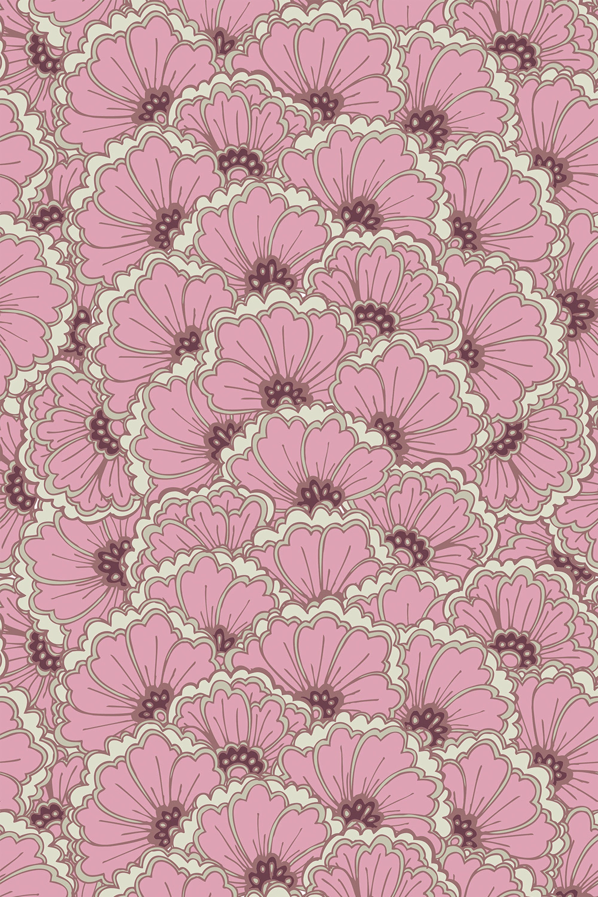 Floral pattern of large, stylized pink flowers with dark centers, arranged densely against a soft, cream background with subtle green accents. Peel and stick removable wallpaper.
