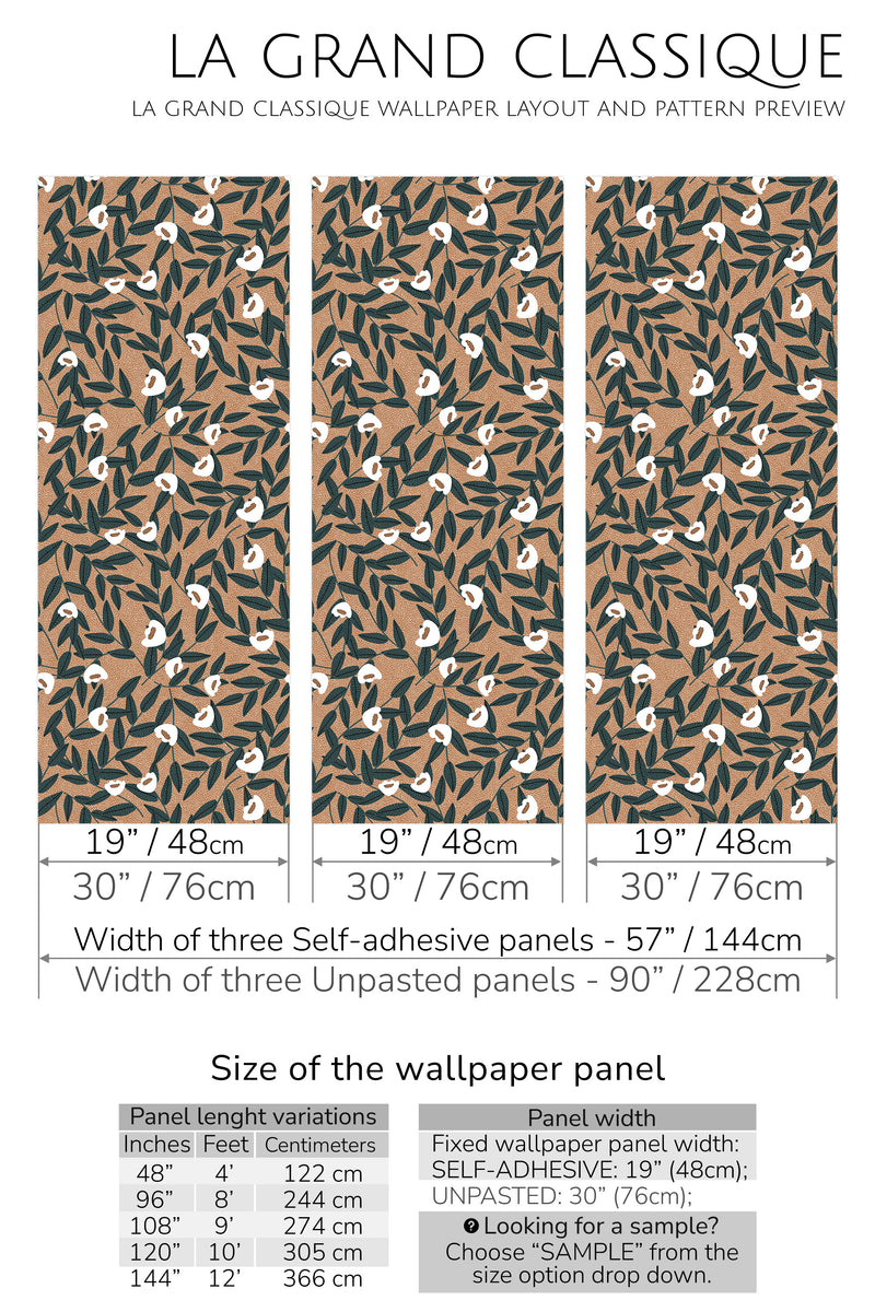 brown eclectic leaf peel and stick wallpaper specifiation