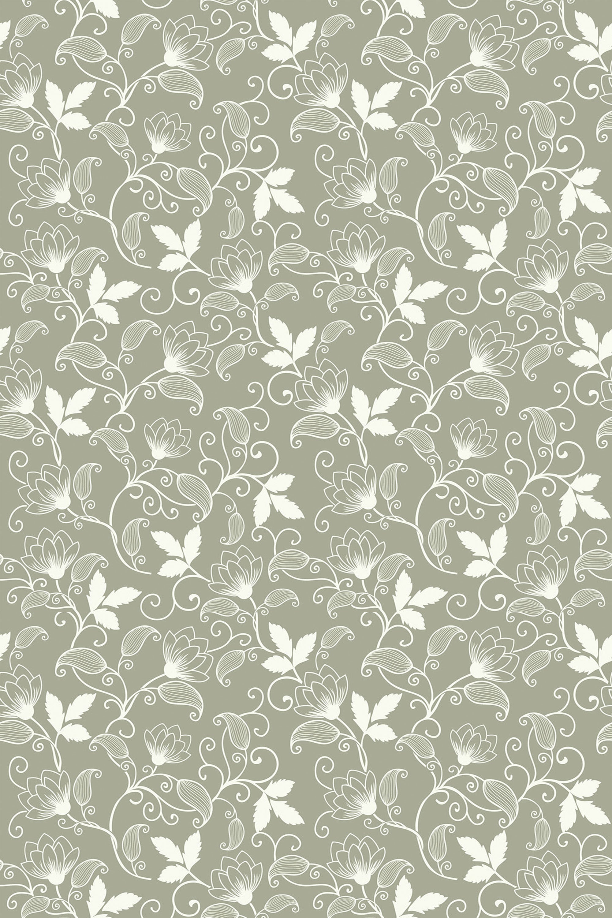 A vintage floral pattern with delicate white flowers and leaves on a muted green background, elegantly intertwined with subtle swirling vines. Peel and stick removable wallpaper.