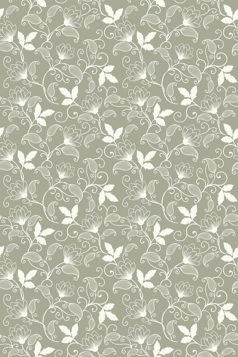 A vintage floral pattern with delicate white flowers and leaves on a muted green background, elegantly intertwined with subtle swirling vines. Peel and stick removable wallpaper.
