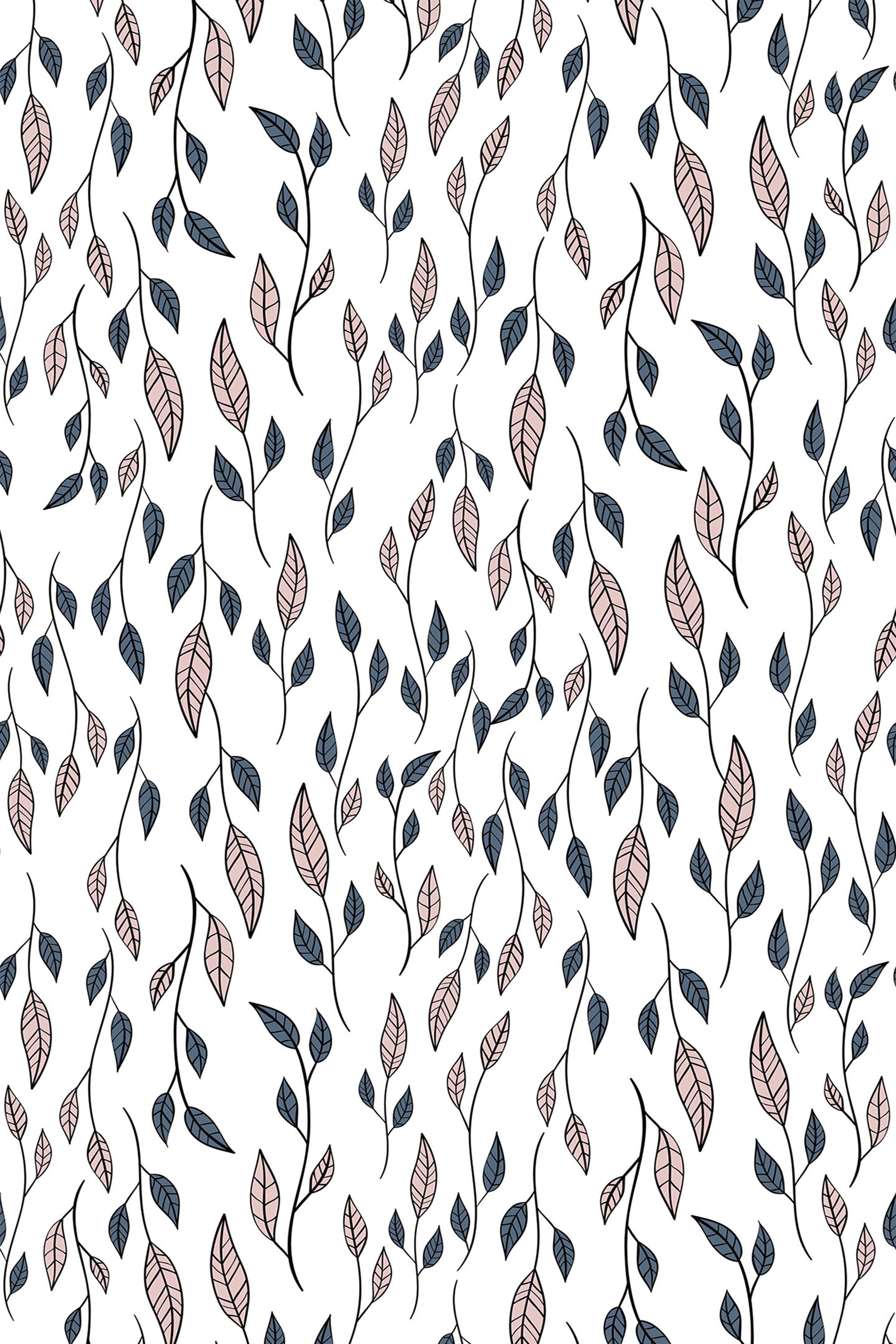 Delicate pattern of small, hand-drawn leaves in shades of blue and soft pink scattered on a white background, creating a modern and elegant aesthetic. Peel and stick removable wallpaper.