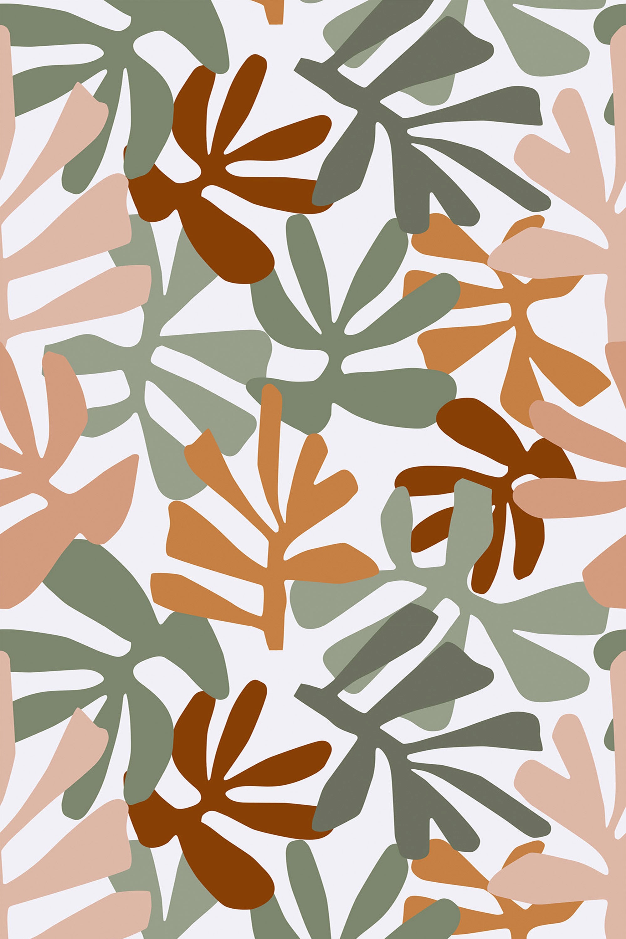 An abstract pattern of coral-shaped leaves in shades of sage green, muted orange, and soft beige on a white background. This contemporary design provides a natural and organic feel. Peel and stick removable wallpaper.