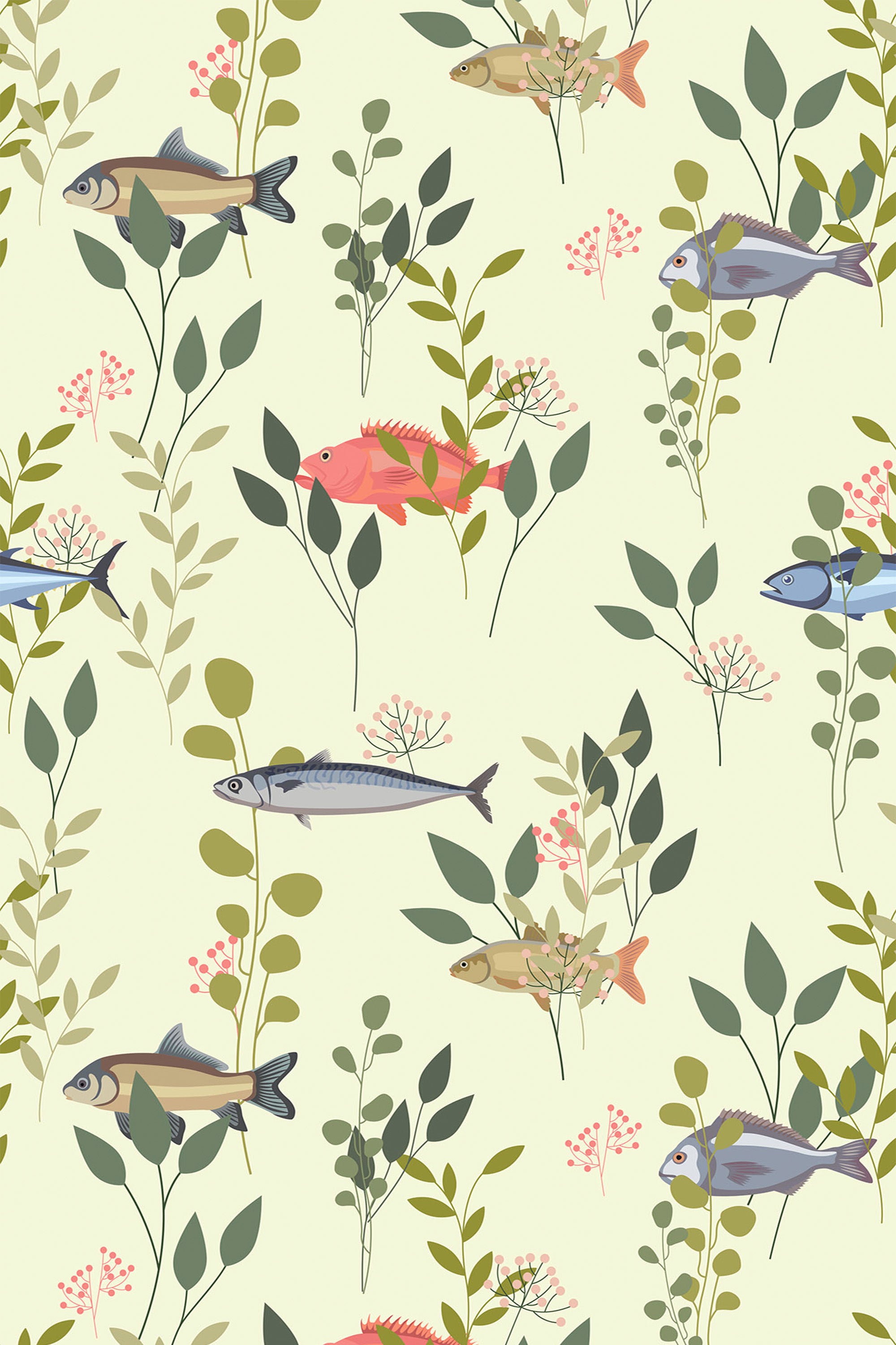 Wallpaper design with various colorful fish swimming among delicate green leaves and small pink flowers on a light background. Peel and stick removable wallpaper.