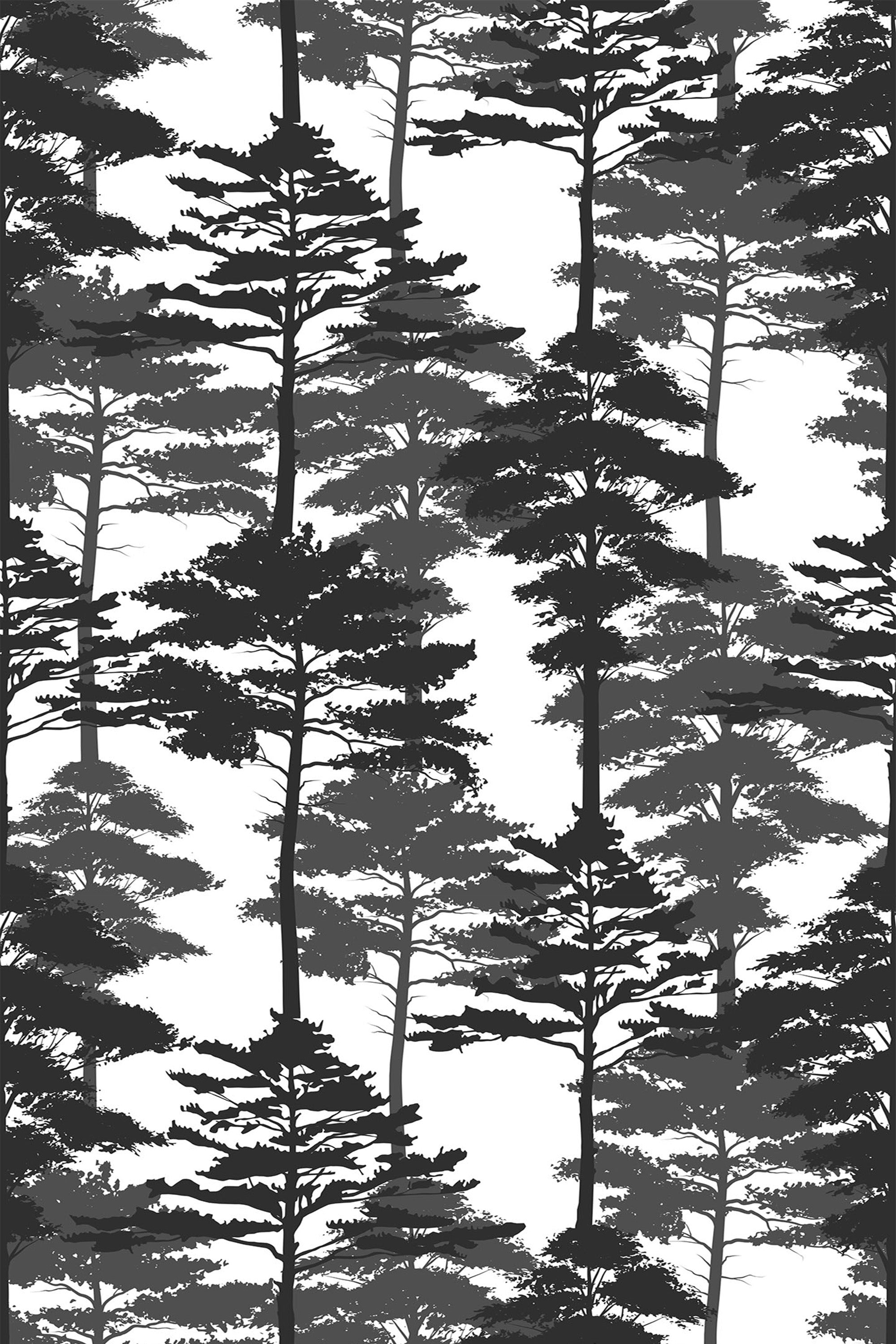 Gray and white wallpaper with a repeating pattern of tall, slender trees silhouetted against a subtle background, creating a tranquil, forest-like atmosphere. Perfect for nature-inspired interior decor, this peel and stick removable wallpaper is easy to apply and remove without damaging walls.
