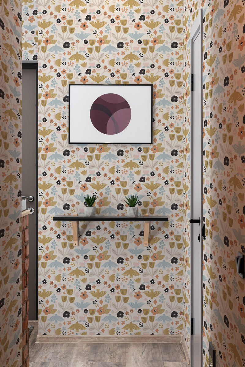 wallpaper fun scandinavian bird pattern hallway entrance minimalist decor artwork interior